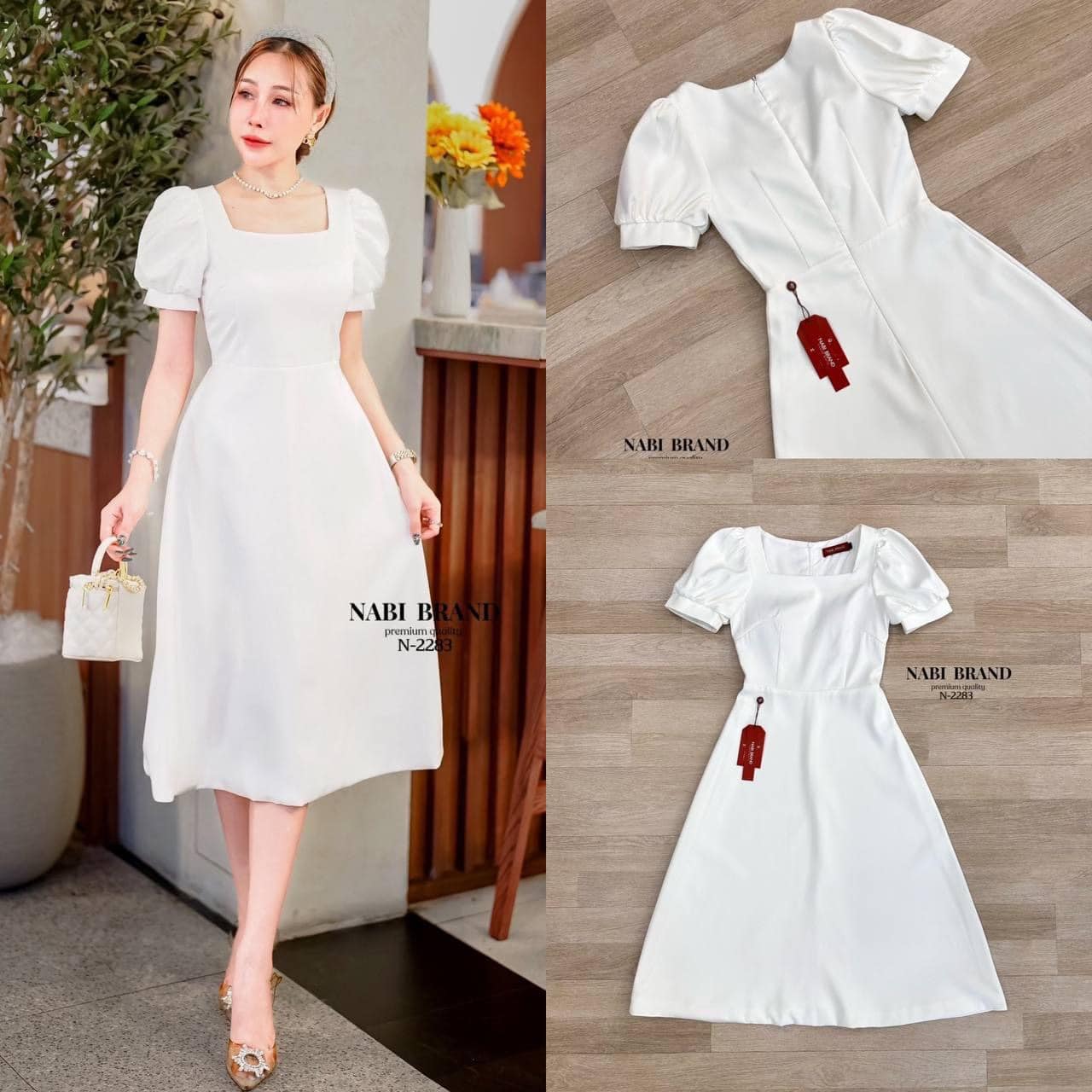 Dressสายเรียบร้อย กระโปรงบานๆสีขาว ดีเทล แขนสั้นพองๆ ช่วงอกมีฟองน้ำและซับในทั้งชุด งานซิบหลัง สินค้าคุณภาพ (พร้อมส่ง)