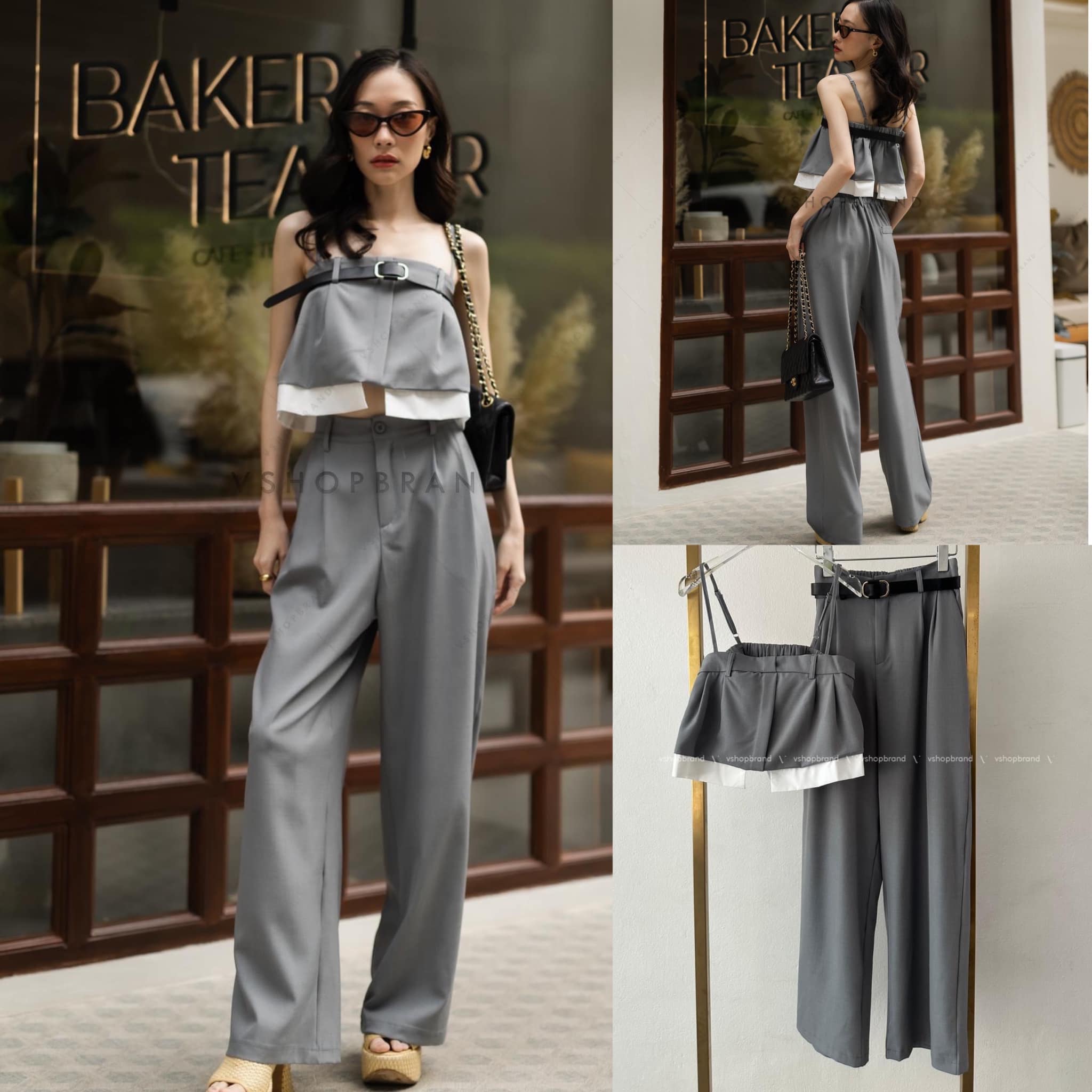 Set เสื้อครอปสายเดี่ยว ต่อขอบ + กางเกงขายาว สินค้าคุณภาพ (พร้อมส่ง)