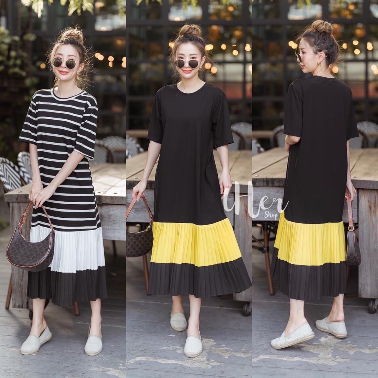 Long Dressเดรสคอกลมตัวยาวทรงสวย ดีเทลต่อชายระบายอัดพลีสใส่สบาย ใส่สวย ตัวเดียว ใส่เที่ยวใส่ชิวได้เลยค่ะ สินค้าคุณภาพ (พร้อมส่ง)