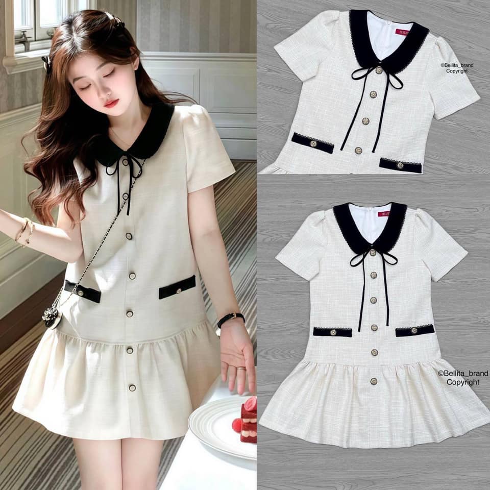 มินิเดรสผ้าทอสีครีมตัดดำ คอปกสีดำ แขนสั้น ผูกโบว์ที่คอ ซิปด้านหลังแต่งกระดุมหน้า ปลาย กระโปรงแต่งระบาย ใส่สบาย สินค้าคุณภาพ (พร้อมส่ง)