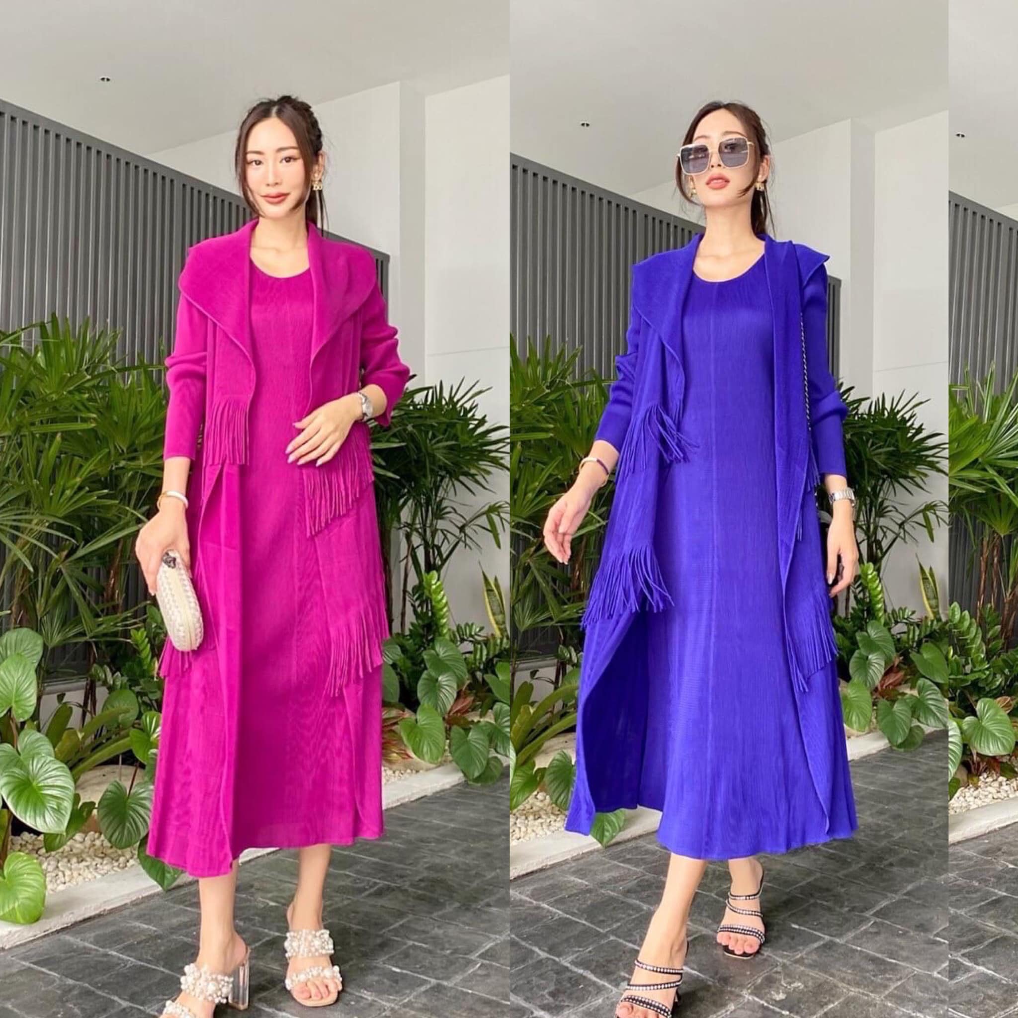 เดรสอัดพลีท ทรงแขนยาว เย็บแต่งเสื้อคลุมปกใหญ่ ซ้อนไปในตัว สวยงาม อลังกาล สินค้าคุณภาพ (พร้อมส่ง)