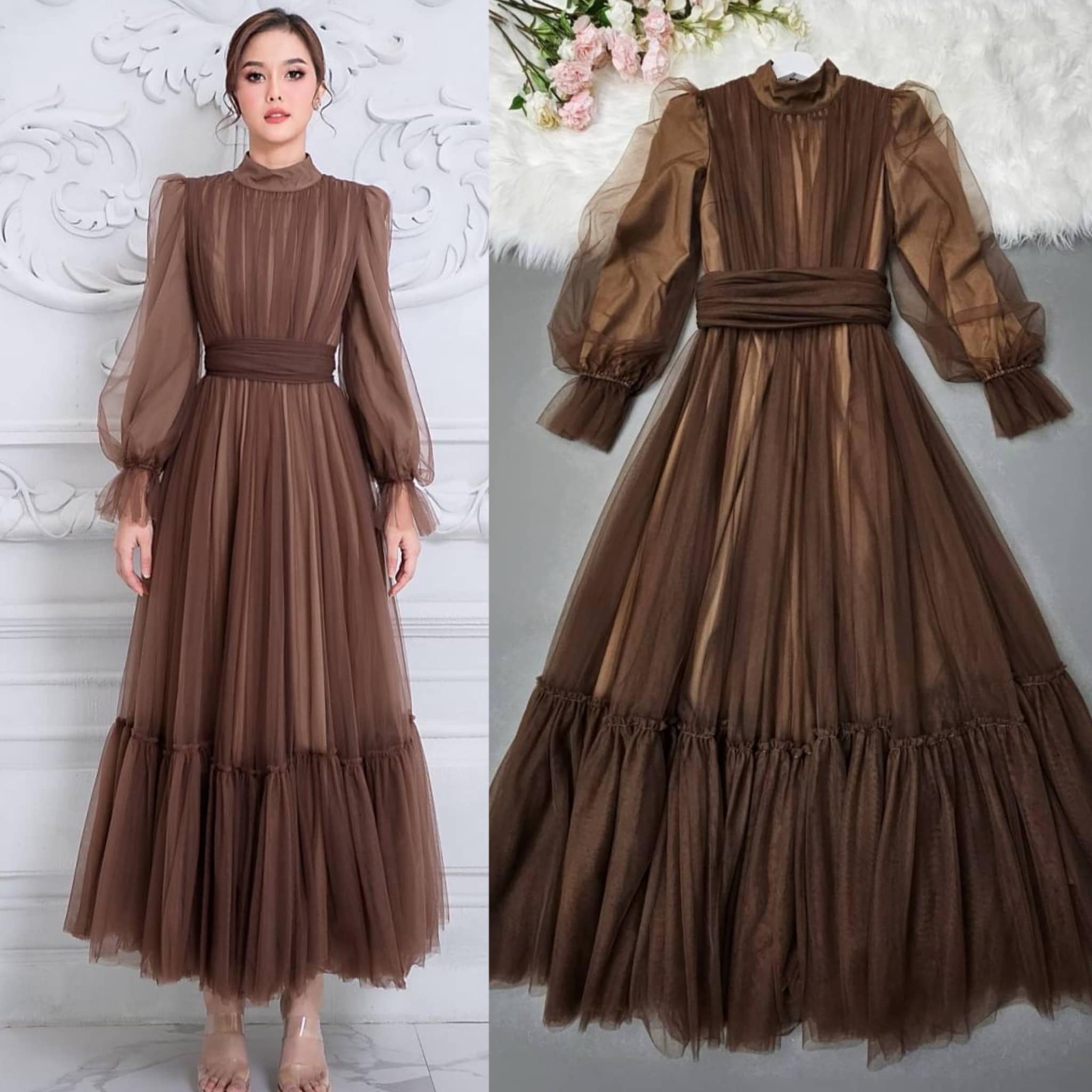 แม็กซี่เดรสเสื้อคอปีนแขนยาว กระโปรงบาน ต่อชายรูดระบายรอบตัว มีโบว์ผูกเอว คัตติ้ง ประณีต ใส่สบาย สินค้าคุณภาพ (พร้อมส่ง)