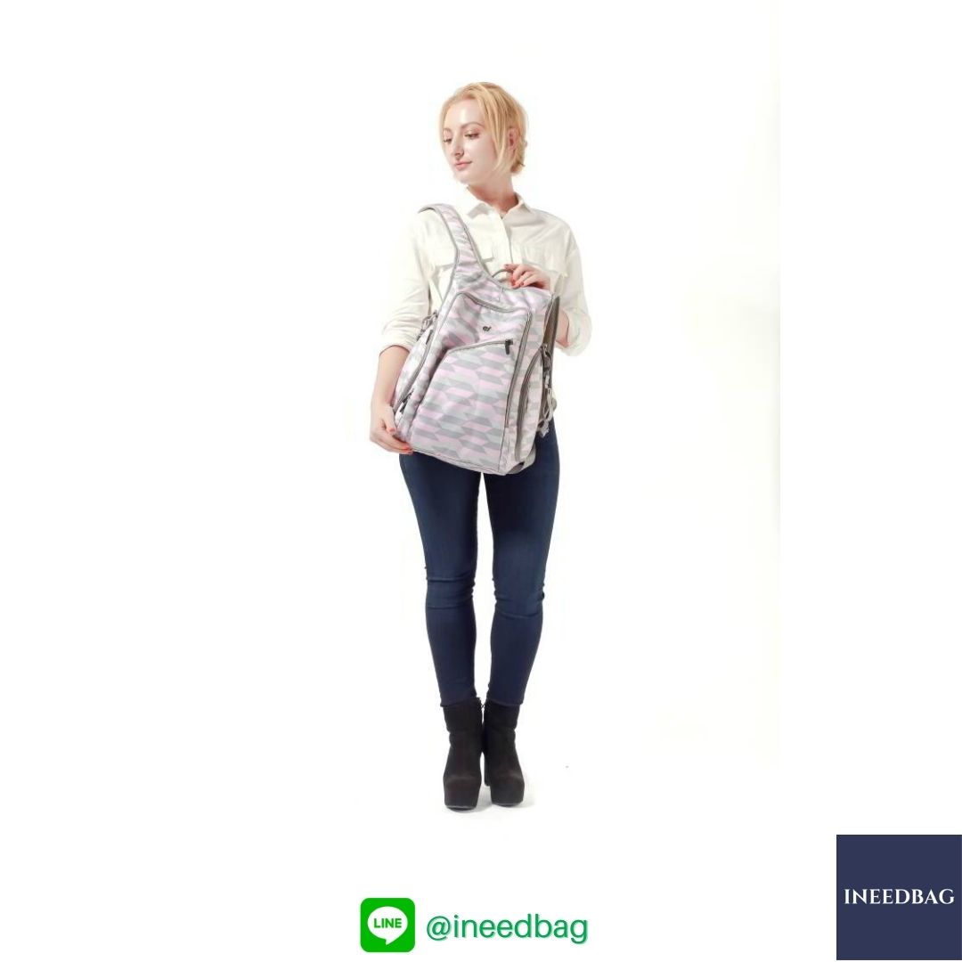 Ecosusi กระเป๋าคุณแม่ กระเป๋าสัมภาระคุณแม่ กระเป๋าแม่ลูกอ่อน แบบเป้ มาพร้อมแผ่นรองเปลี่ยนผ้าอ้อม, สายคล้องรถเข็น, ช่องเก็บความร้อน-เย็น (Pink Chevron)