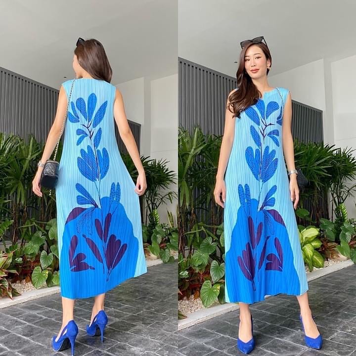 แม็กซี่เดรสตัวยาว แพทเทิร์นอัดพลีท เข้าเคิร์ฟ ทรงคอกลม แขนกุด สวย Premium 👍🏻 ดีไซด์ เพ้นท์ลายดอกไม้ สินค้าคุณภาพ (พร้อมส่ง)