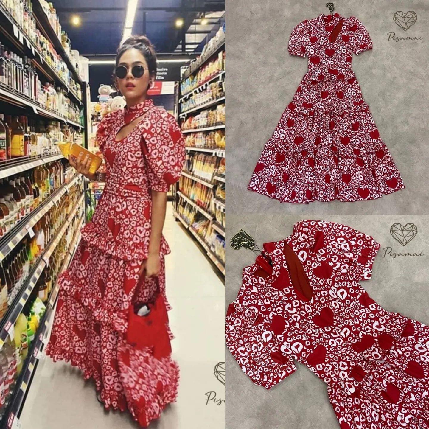 เดรสตัวยาวสีแดงเว้าอกลายหัวใจ แบบแม่ชม สินค้าคุณภาพ (พร้อมส่ง)