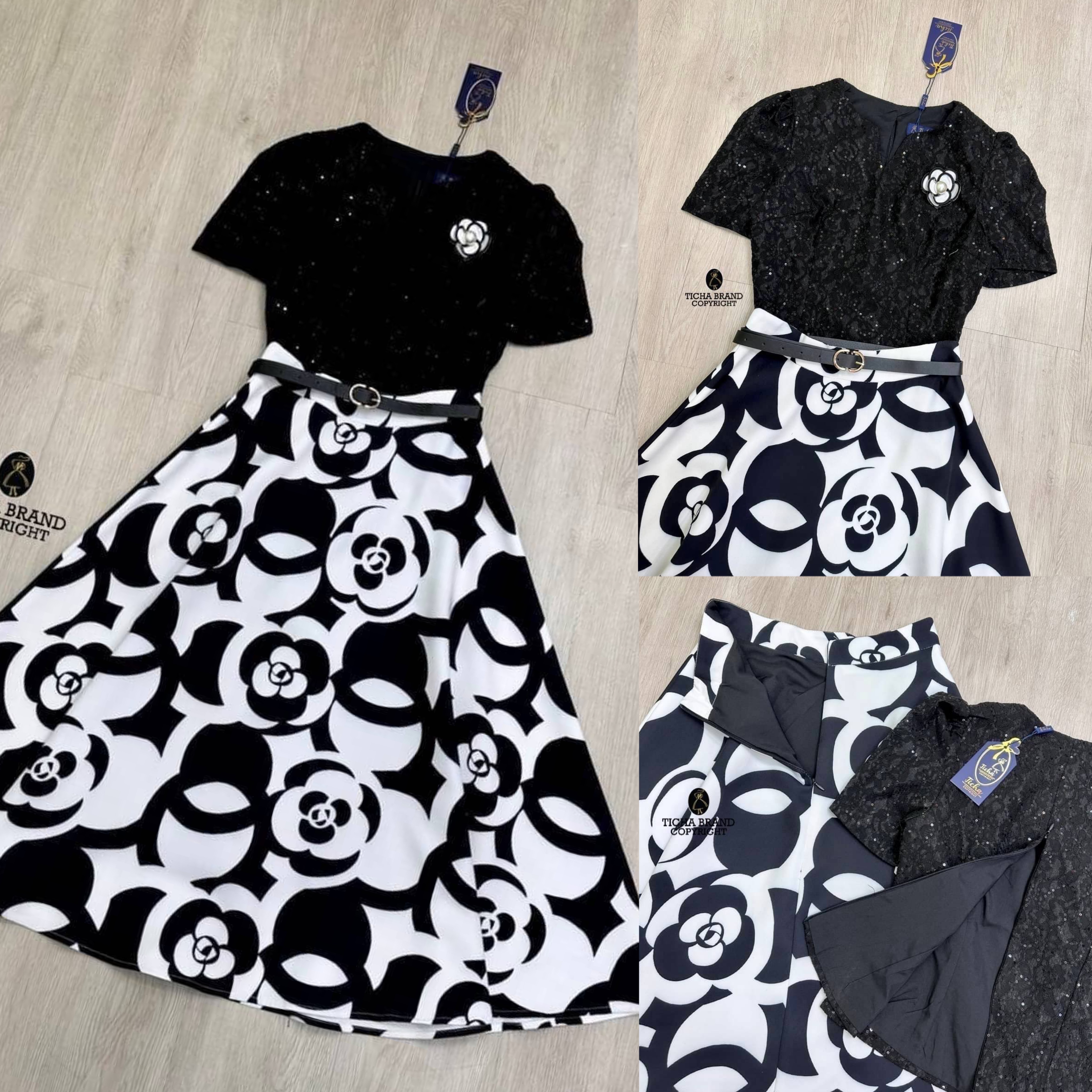 Set 2 ชิ้น เสื้อสีดำเนื้อผ้าลูกไม้แขนสั้น ซับในทั้งตัว แต่งอะไหล่เข็มกลัดดอกไม้ มาพร้อมกับกระโปรงยาวคลุมเข่าทรงพอง มีซิปด้านหลัง ผ้าลายดอกกุหลาบกราฟิกสวยมาก ซับในยาว และยังมีเข็มขัดหนังสีดำอีกเส้น สินค้าคุณภาพ (พร้อมส่ง)