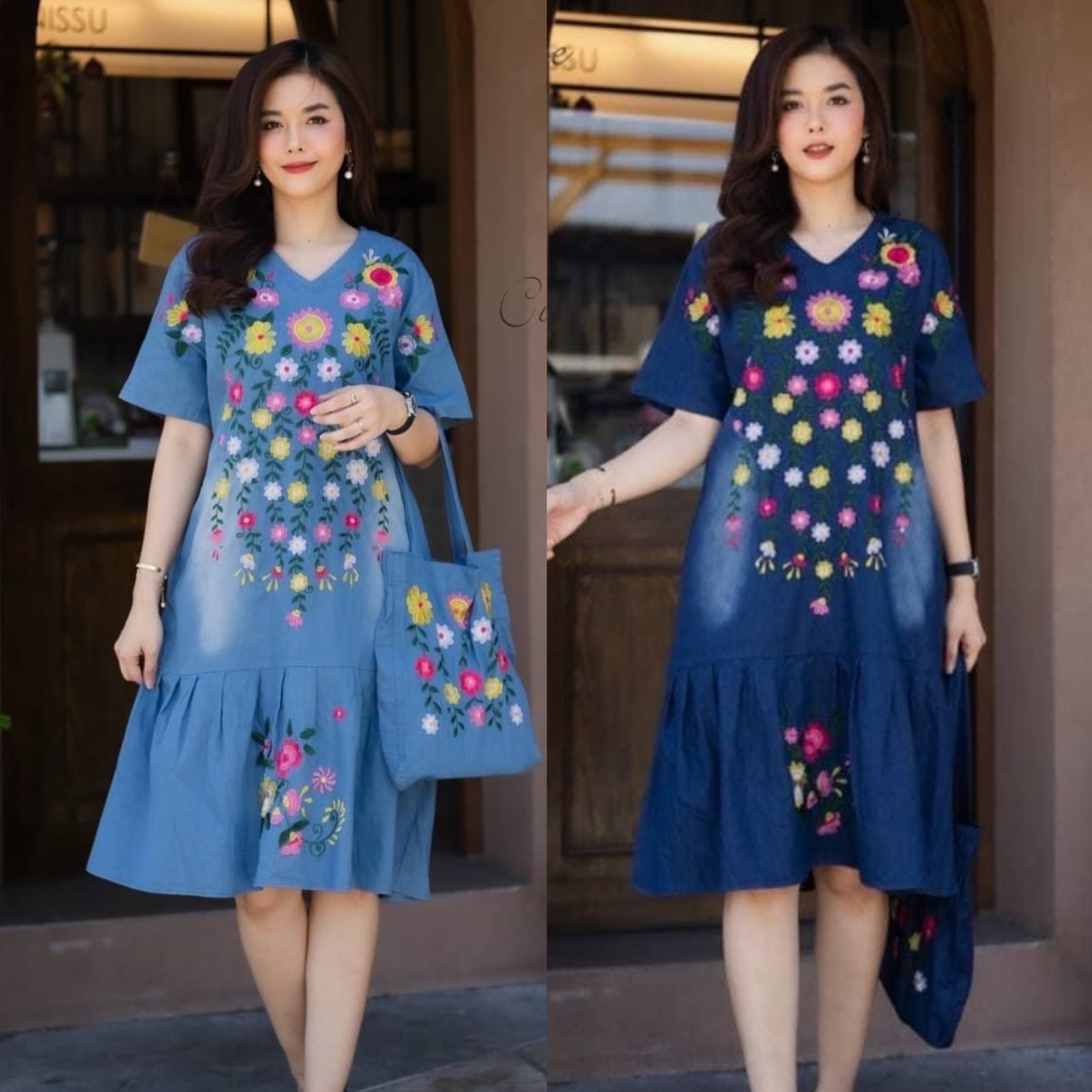 เดรสผ้ายีนส์เนื้อหนาเกรดพรีเมี่ยม เนื้อผ้า มีความยืดหยุ่น ผ้าดีมากค่ะ งานปักฝีมือสวย มากๆค่ะ ดีเทลปักลายดอกไม้สีสันสดใสทั้งตัว ชายกระโปรงจับจีบระบายเล็กๆ ใส่สบาย : สินค้าคุณภาพ (พร้อมส่ง)