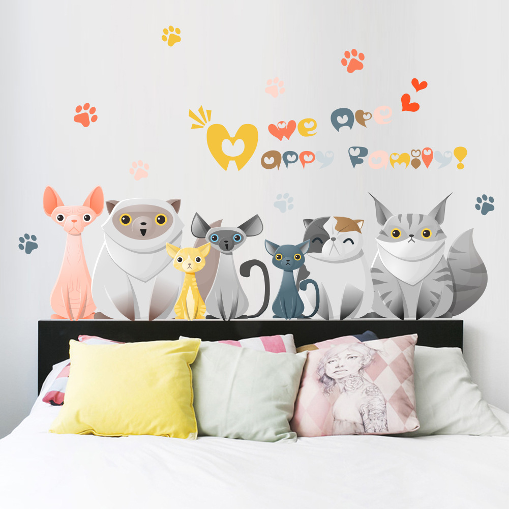 สติกเกอร์แต่งห้อง DIY ลายแมว We are Happy Family ตกแต่งห้อง ลอกออกแล้วติดซ้ำได้