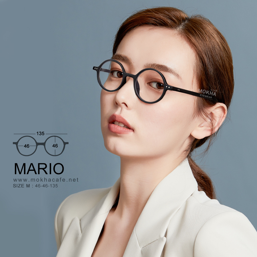 MARIO - black กรอบแว่นตา TR90 แว่นทรงกลม แกนขาโลหะ เหนียวทนทาน กว้าง 135 มม. (sizeM) H46