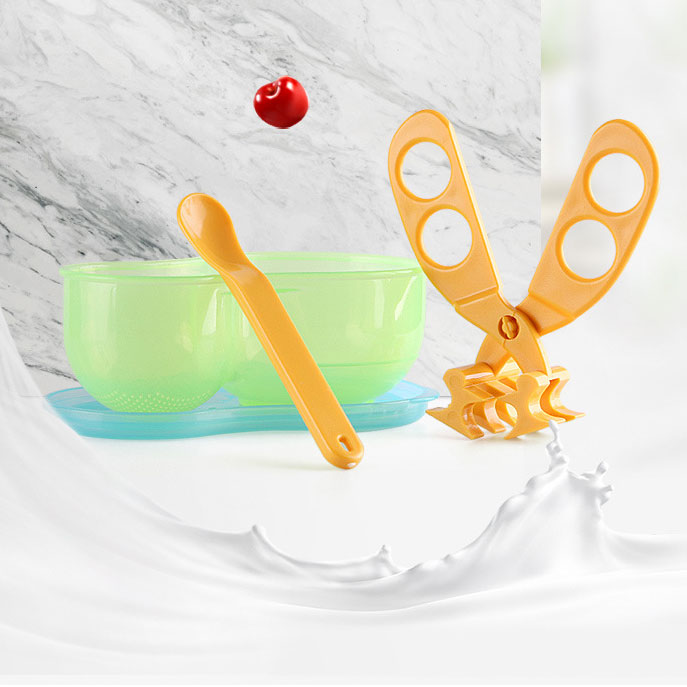 ถ้วยบดข้าวเด็ก ถ้วยป้อนข้าวเด็ก ชุดบดอาหารเด็ก ถ้วยอาหารเด็ก มีฝาปิด+ช้อนเด็ก+กรรไกรบดอาหาร (6 m+) BPA-Free