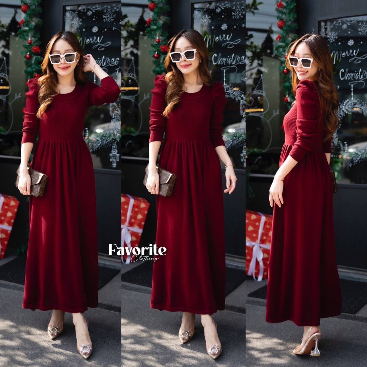 เดรสไหมพรมแขนยาว ดีเทลเย็บเอวจีบ งานผ้าไหมพรมผ้าร่องเนื้อดีทอแน่น ใส่สบาย : สินค้าคุณภาพ (พร้อมส่ง)