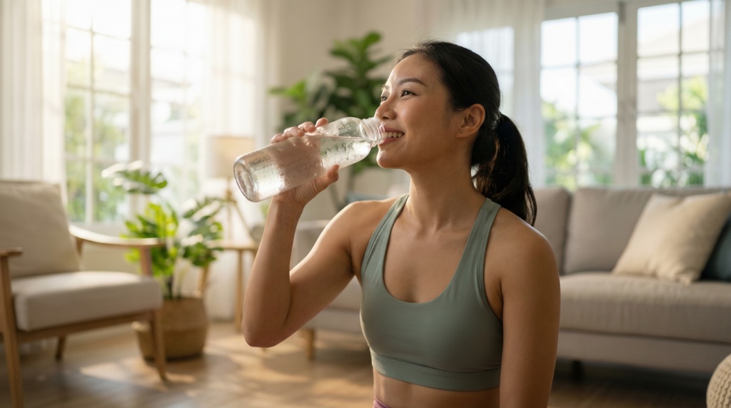 ผู้หญิงออกกำลังกายและดื่มน้ำเพื่อสุขภาพ