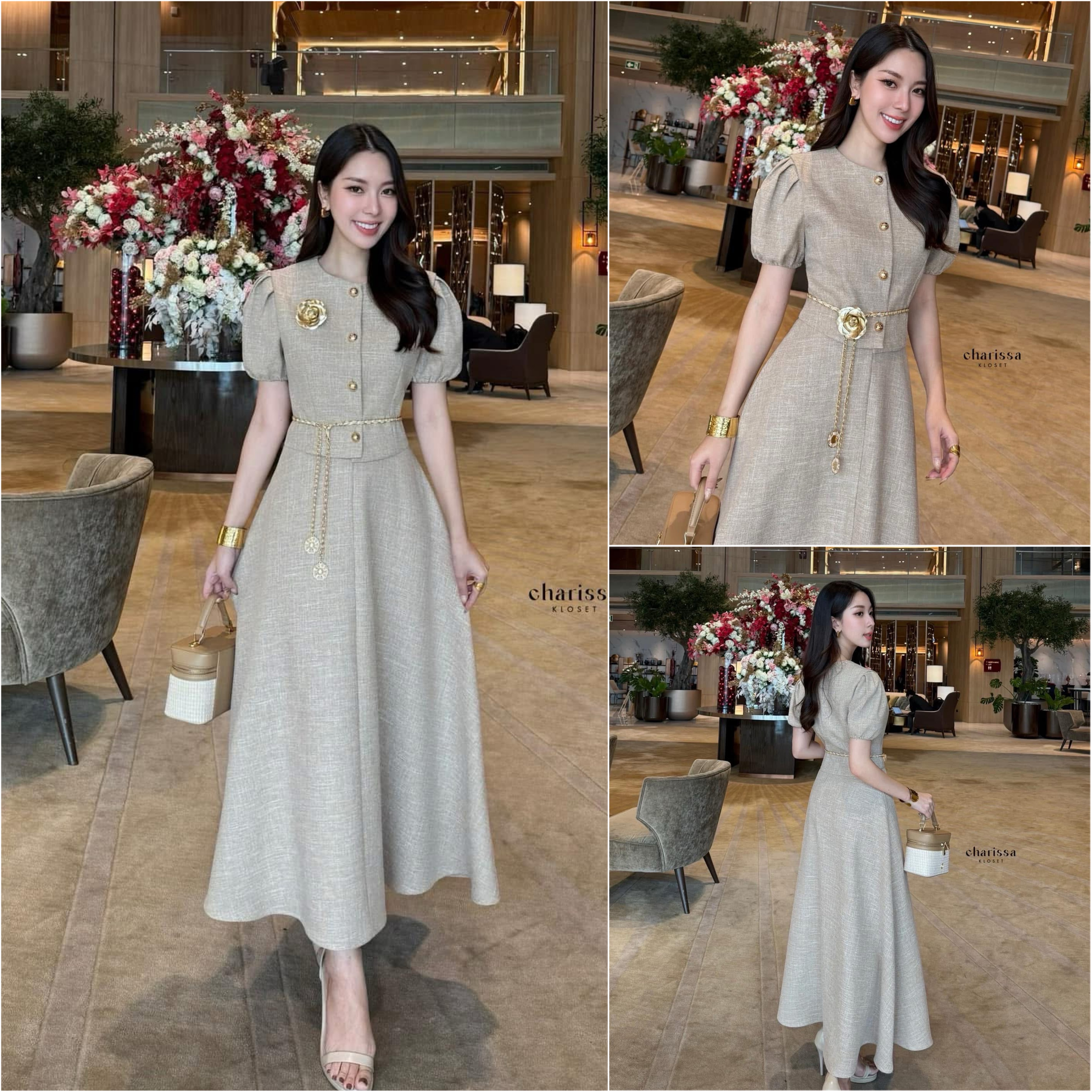 เซ็ทเสื้อแขนตุ้กตาน่ารักมาก แถมฟรีเข็มกลัดดอกไม้และเข็มขัดโซ่ ใส่สบาย : สินค้าคุณภาพ (พร้อมส่ง)
