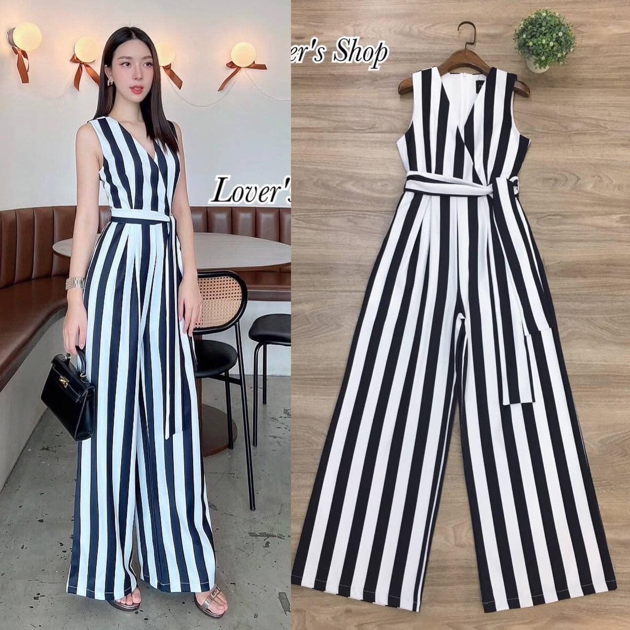 จั้มสูทกางเกง สีทูโทน ทรงคอวี ช่วงหน้าอก กระดุมซ้อนกันโป้นะคะ ขากางเกงทรงปล่อย สินค้าคุณภาพ (พร้อมส่ง)