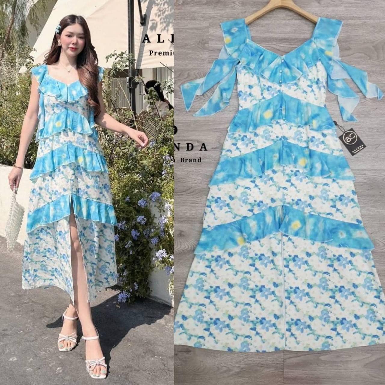 เดรสยาวสีฟ้าขาวลายดอก เดรสยาวแขนกุดผ่าหน้า แต่งระบายเป็นชั้นๆ เนื้อผ้าอย่างดี ใส่แล้วไม่ร้อน ใส่สบาย สินค้าคุณภาพ (พร้อมส่ง)