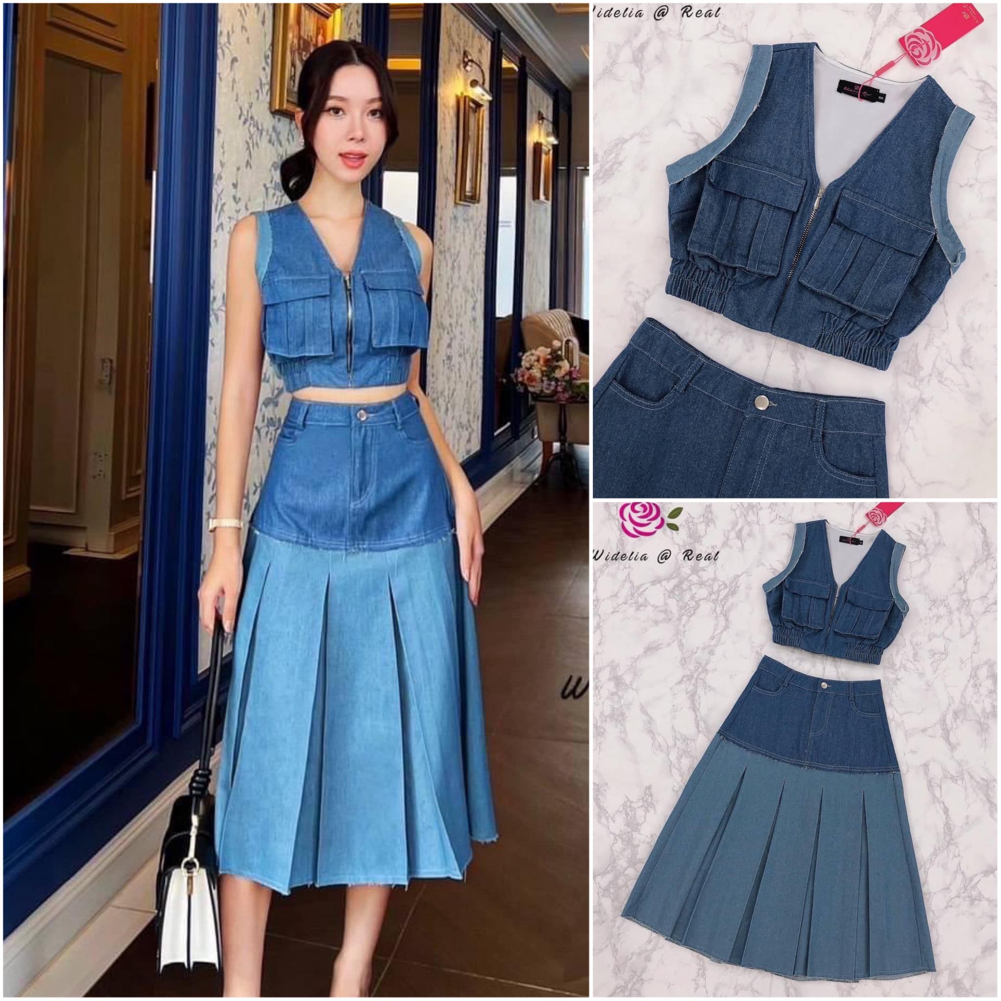 Set :: เสื้อแขนกุดตัวสวยทรงดี คอวีสวย ด้านหน้าแต่งซิปและกระเป๋าทั้ง2ข้าง สวย มาเข้าชุดพร้อมกับกระโปรงทรงเอบาน ตัวยาวสวย ใส่สบาย สินค้าคุณภาพ (พร้อมส่ง)