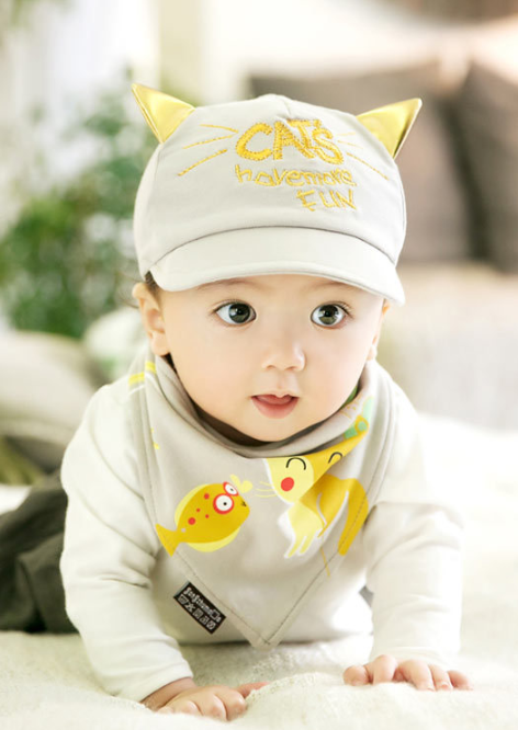 Set หมวก+ผ้ากันเปื้อน เด็กเล็ก 6-24 เดือน หมวกแมวน่ารักกับผ้ากันเปื้อนสามเหลี่ยมสไตล์เกาหลี Cat Have More Fun