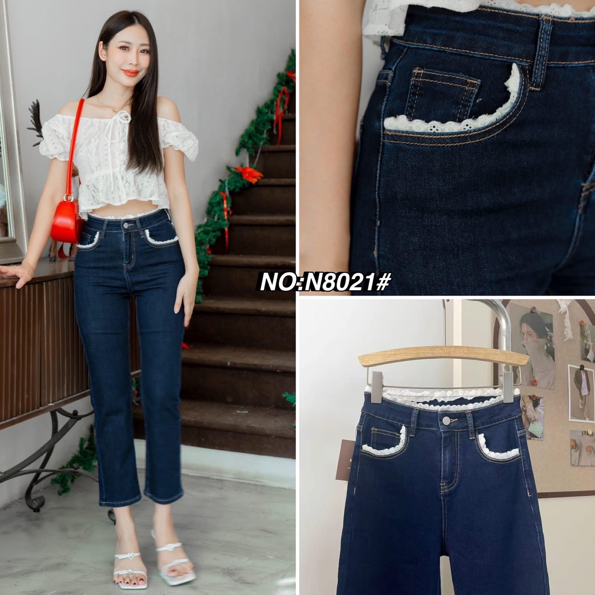 กางเกงยีนส์ขา8ส่วน ทรงขาตรง เอวสูงงง ผ้ายีนส์ยืดเนื้อดีมาก นิ่มสุดๆ ฟอกสีเข้มสวย ดีเทล ช่วงเอว กระเป๋าหน้าเก๋มากๆ ใส่สบาย : สินค้าคุณภาพ (พร้อมส่ง)