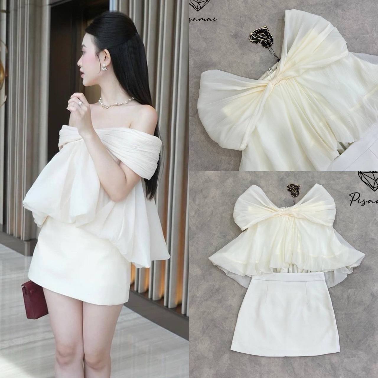 เซ็ตปาดไหล่สีครีมแต่งโบว์อกทรงแขนบอลลูนมาคู่กับกระโปรงสอบสั้นใส่สวย สินค้าคุณภาพ (พร้อมส่ง)