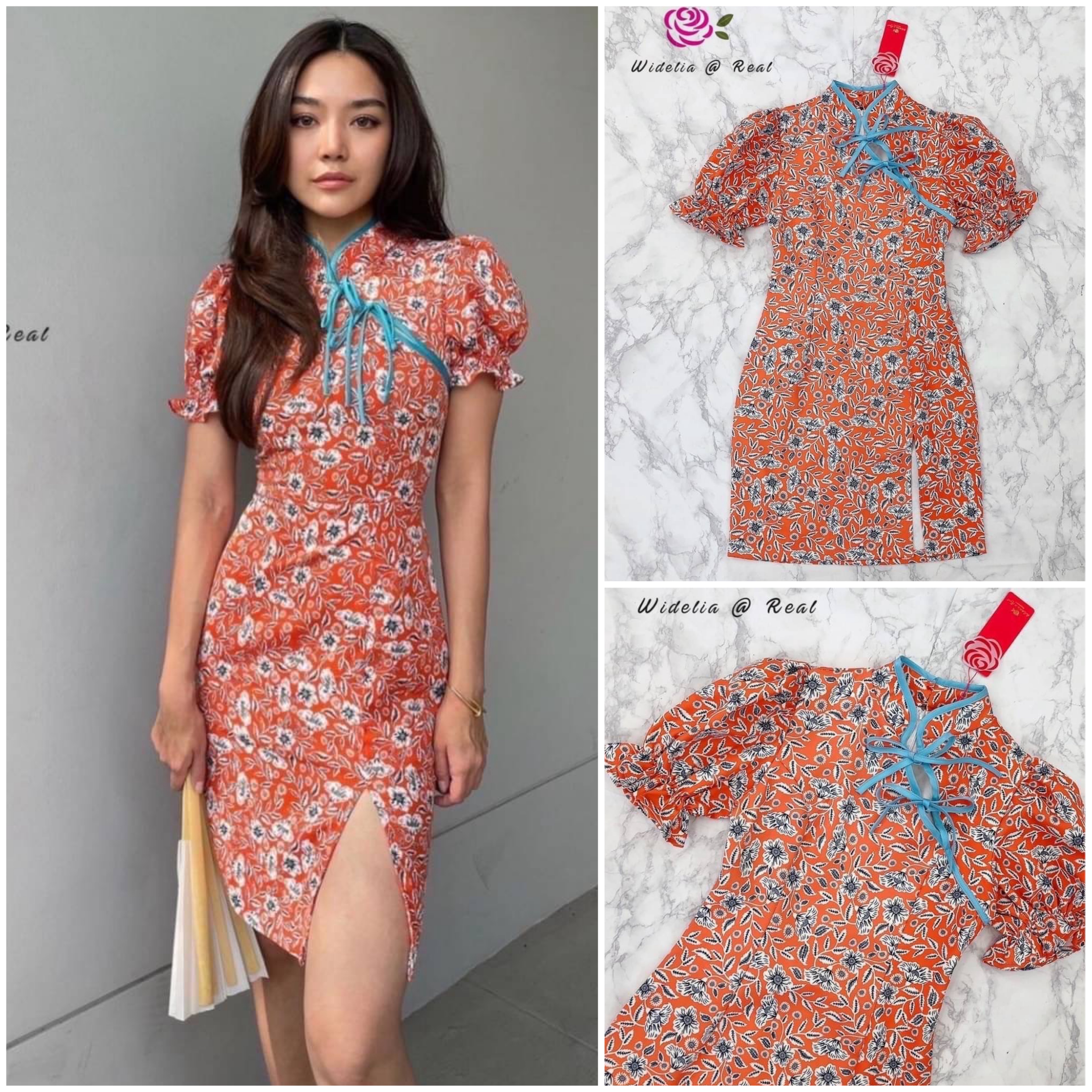 Dress เดรสกี่เพ้าแสนสวย ตัวเดรสแขนพอง คอกี่เพ้า แต่งขอบสีฟ้า ชายเดรสผ่าข้าง ใส่สบาย สินค้าคุณภาพ (พร้อมส่ง)