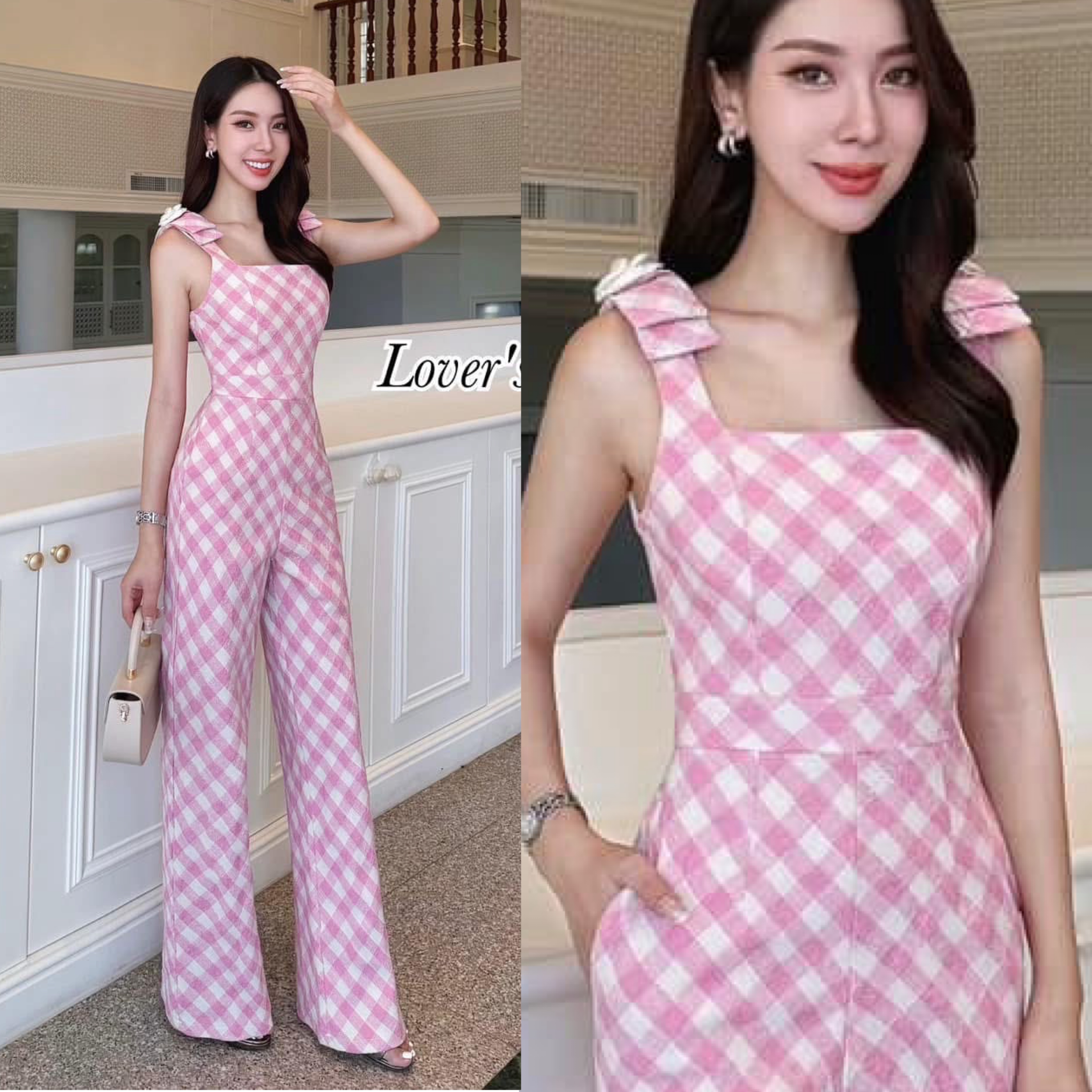 จั้มสูทกางเกงลายสก๊อต ตรงช่วงบ่าทำเป็นโบว์สำเร็จ ประดับดอกไม้ ดีเทลทรงพอดีตัว ใส่สบาย : สินค้าคุณภาพ (พร้อมส่ง)