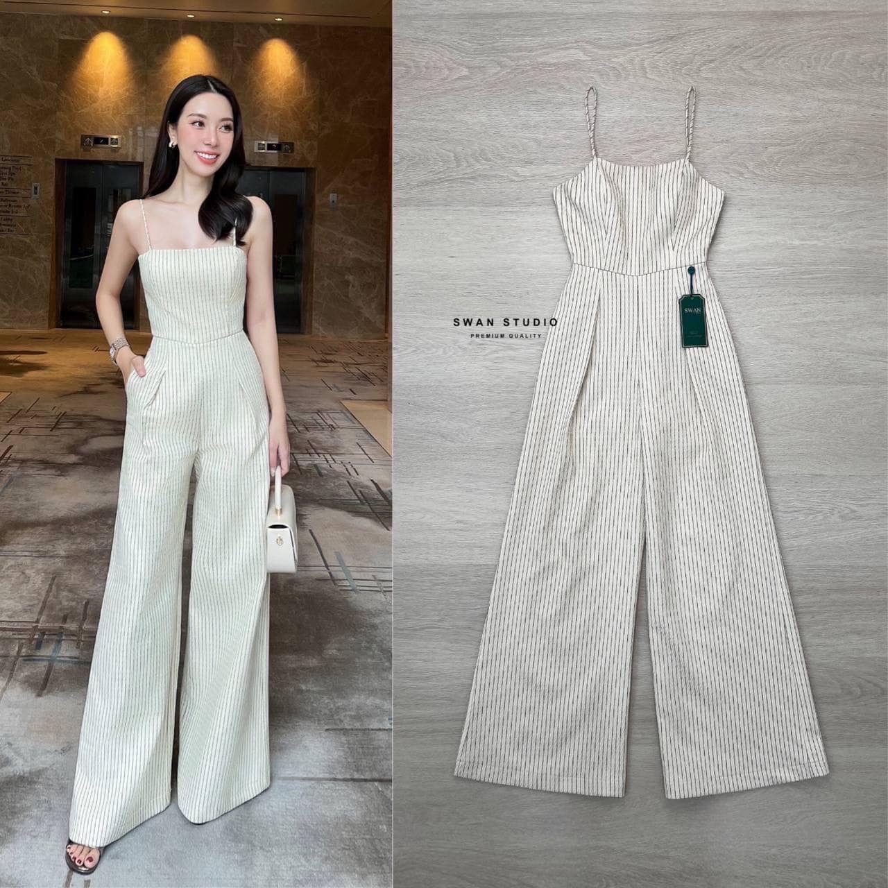 จั้มสูทสายเดี่ยวลายทางสีครีม อกมีฟองน้ำ ในตัว ช่วงใต้เอวลงมามีตีเกร็ดเป็นจีบเล็กน้อย มีกระเป๋า ข้างทั้งสองฝั่ง ใส่สบาย : สินค้าคุณภาพ (พร้อมส่ง)