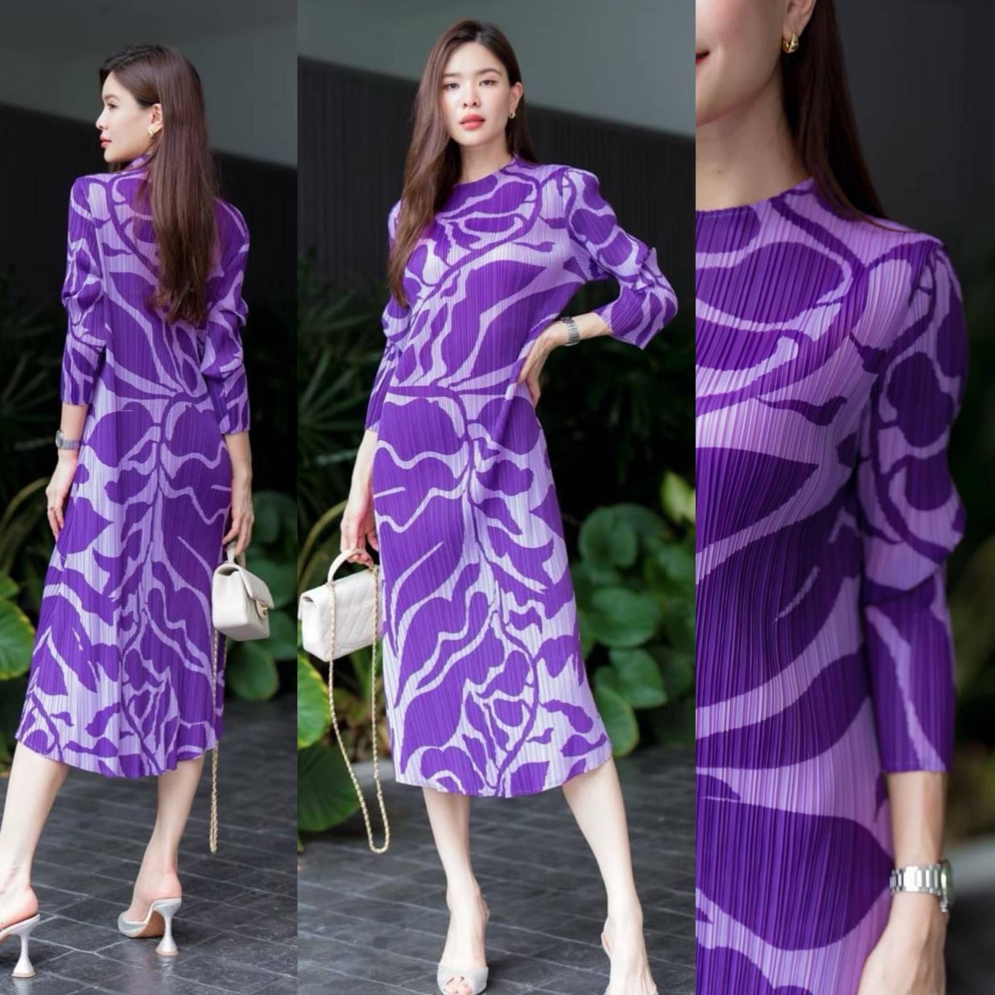 แม็กซี่เดรสตัวยาว ทรงแขนยาว คอปีน แพทเทิร์นอัดพลีทเข้าเคิร์ฟ ทรง A สวย Premium ใส่สบาย สินค้าคุณภาพ (พร้อมส่ง)