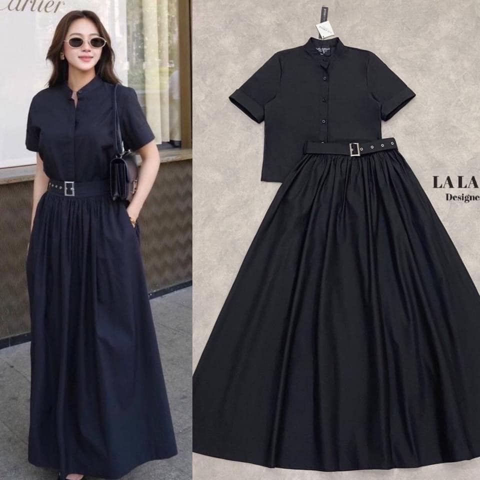 เซต3ชิ้น เสื้อเชิ้ตคอจีนสั้นสั้นปลายแขนพับกระดุมหน้า ใส่คู่กระโปรงยางเย็บจับรอบอย่างดีมีซับในอย่างดี ใส่คู่เข็มขีดเข้าชุดสวยหรูดูแพงสุดๆ ใส่สบาย สินค้าคุณภาพ (พร้อมส่ง)