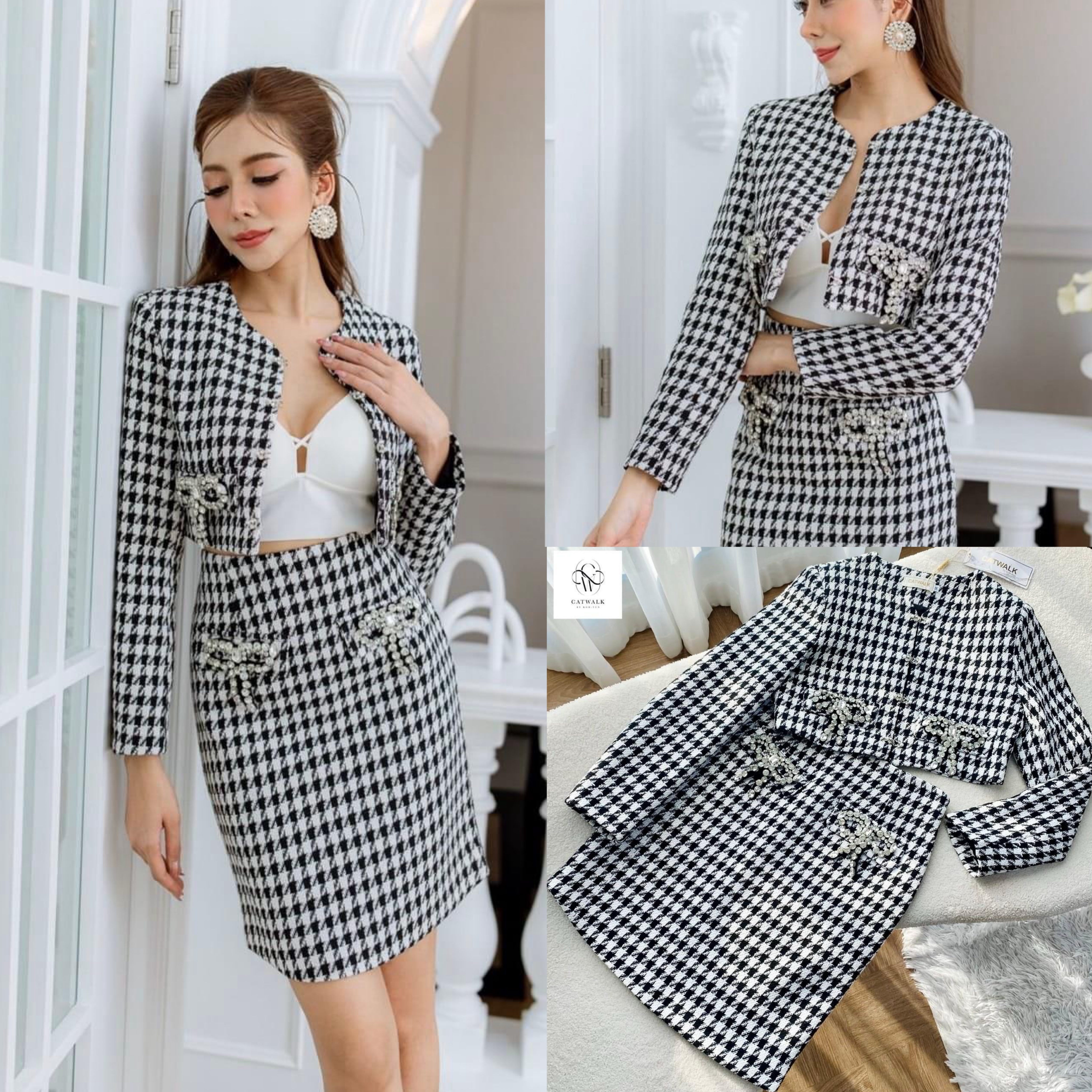 เซตผ้าทวิตลายชิโนริเสื้อครอปแต่งโบว์เพชร+กระโปรงทรงสอบ เนื้อผ้าทวิตทอลายเกรดเอ งานhiend ใส่สบาย สินค้าคุณภาพ (พร้อมส่ง)