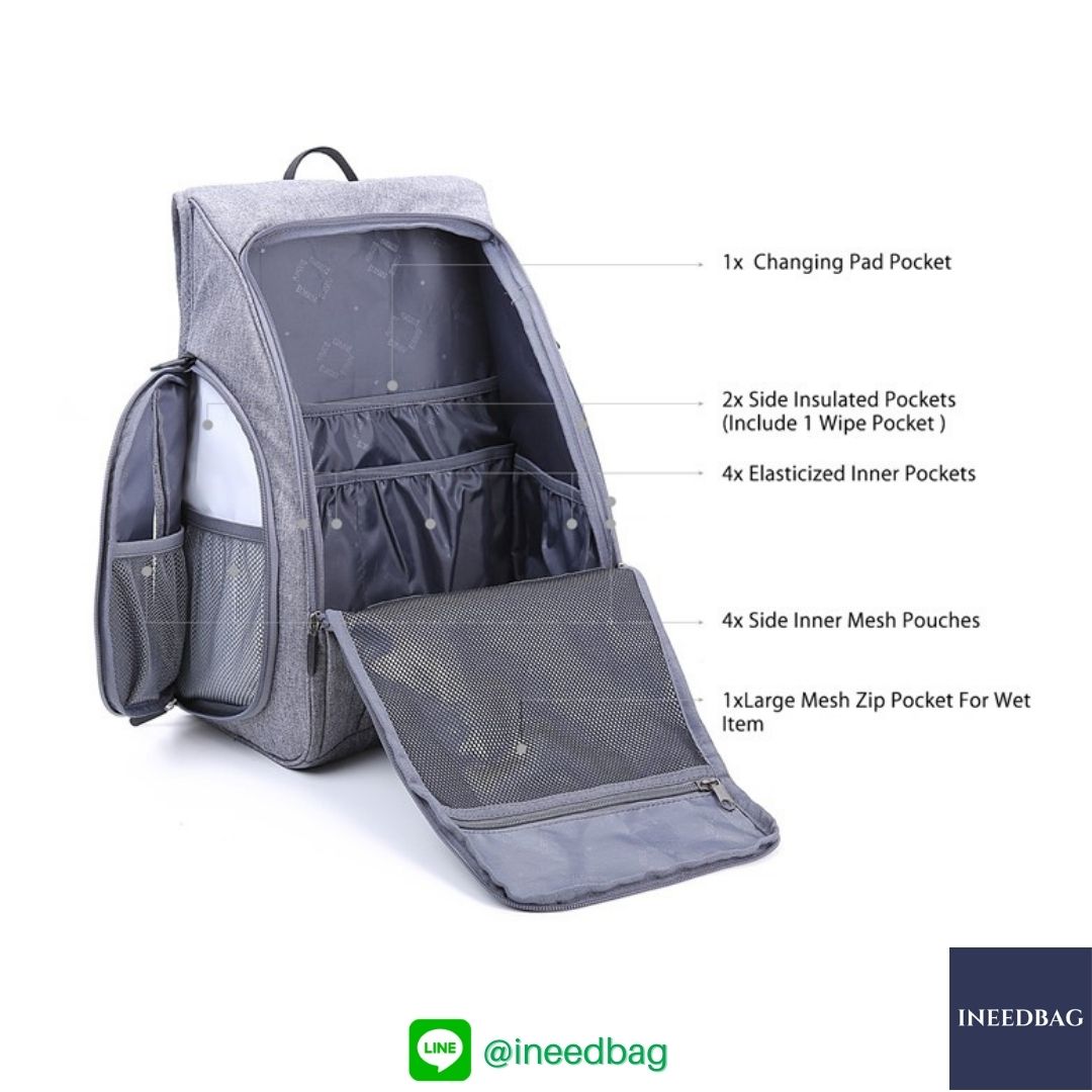 Ecosusi กระเป๋าคุณแม่, กระเป๋าสัมภาระคุณแม่, กระเป๋าแม่ลูกอ่อน แบบเป้ มาพร้อมแผ่นรองเปลี่ยนผ้าอ้อม, ช่องเก็บความร้อน-เย็น (New Version Grey) + Wet Pocket + Wipe Pocket