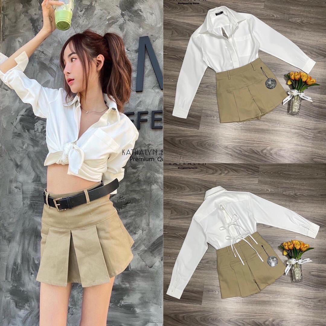 set เสื้อเชิ๊ตคอปกแขนยาว ทรงปล่อยต้องใส่ oversize ด้านหลังเว้า แต่งโบว์ผูกสุดเก๋ มาคู่กับกางเกงกระโปรงสีตัดกัน : สินค้าคุณภาพ (พร้อมส่ง)