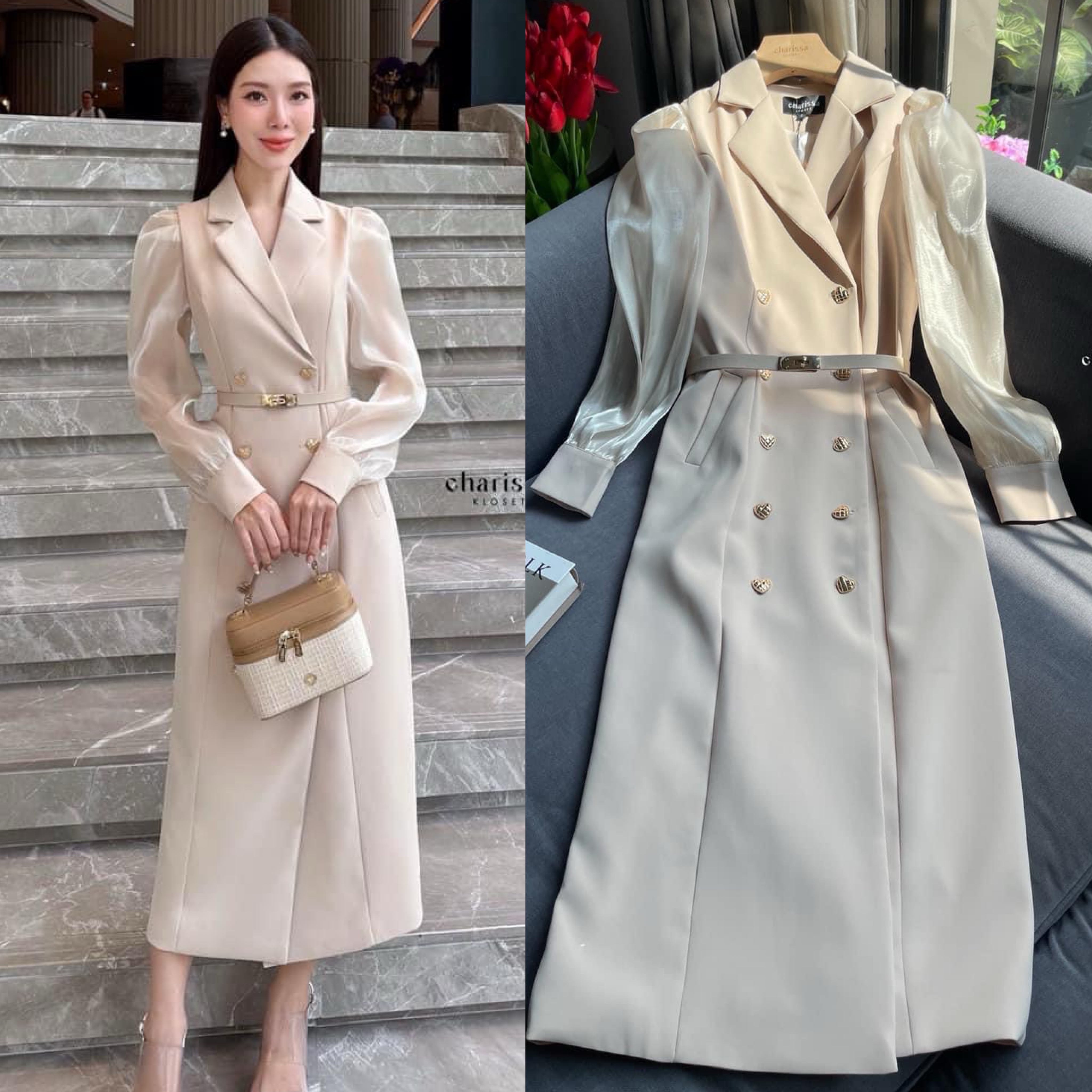 เดรสสูทแขนยาว สวยเฉียบหรูหรา ดีไซน์เกร๋ ใส่ได้ทุกโอกาส ใส่สบาย : สินค้าคุณภาพ (พร้อมส่ง)