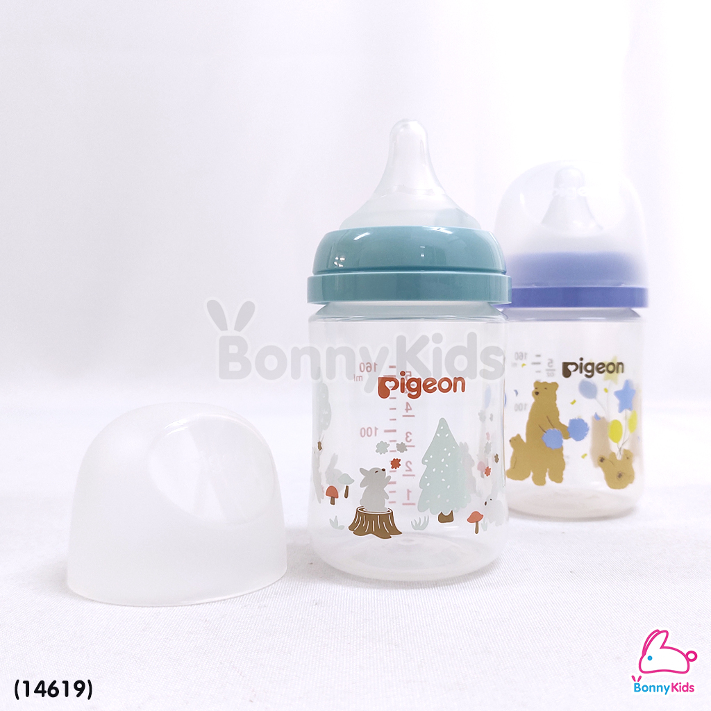 (14619) Pigeon (พีเจ้นท์) SofTouch PPWN ขวดคอกว้าง จุกซอฟท์ทัช SS 5oz แพ็ค 2 ขวด ลายBearRebbit (0m+)
