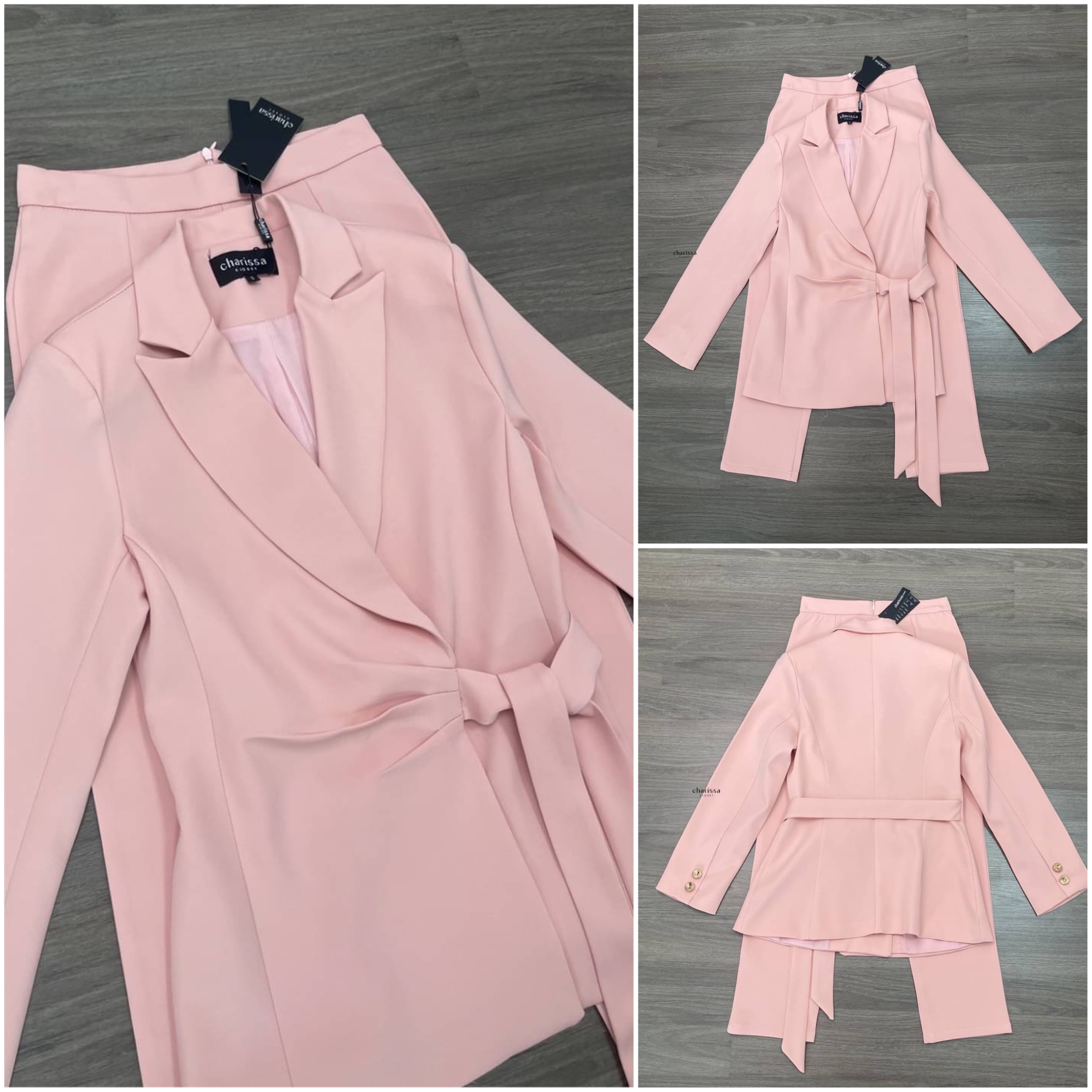 Set suit 2 ชิ้น เสื้อสูททรงยาวเข้ารูป มีเสริมบ่าบางๆ กับสายผูกเอวเย็บติดด้านหน้า พร้อมกางเกงเป็นทรง9 ส่วน สินค้าคุณภาพ (พร้อมส่ง)