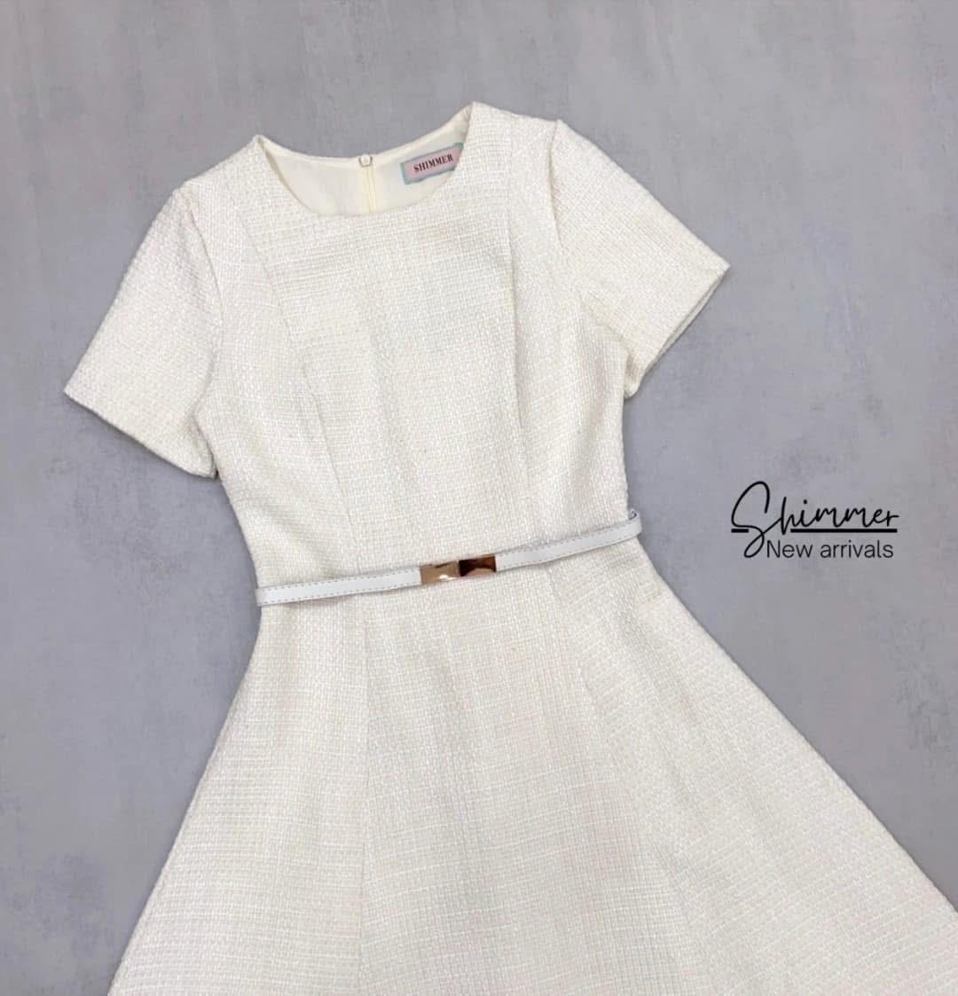 มิดิเดรสผ้าทวีดดีไซน์สุดคลาสสิค มาพร้อมเข็มขัดเข้าเซต ใส่สบาย : สินค้าคุณภาพ (พร้อมส่ง)