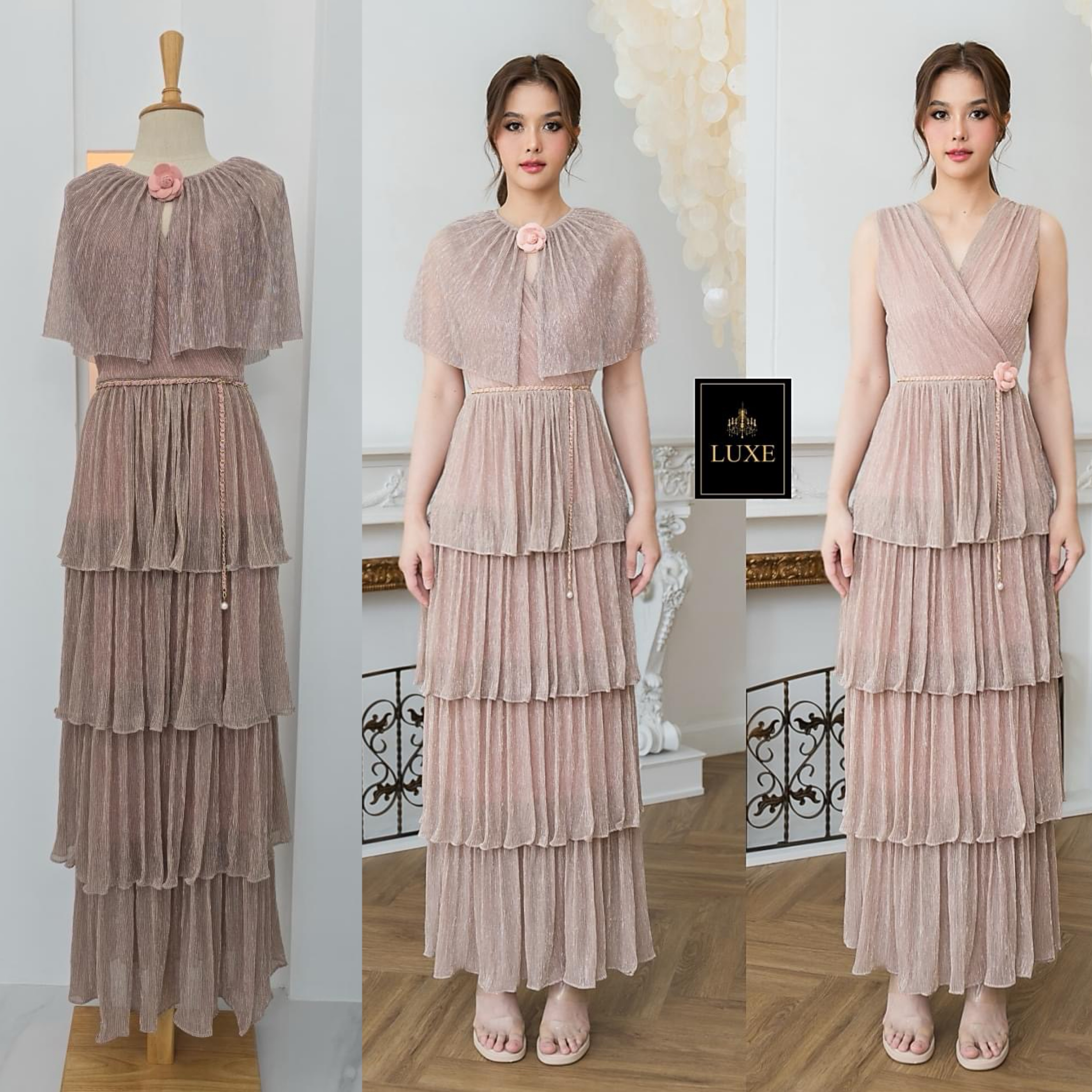 แม็กซี่เดรสคอวีป้ายแขนกุด มาพร้อม เสื้อคลุมติดกระดุมเปิดได้ กระโปรงบานจีบรูด ระบาย4ชั้น มาพร้อมโบว์สำหรับผูกเอว ทำจาก ผ้าราเม่ผสมดิ้นเมทัลลิค เนื้อนุ่มยืดหยุ่น มีซิป ซ่อนและซับในเต็มตัว ใส่สบาย : สินค้าคุณภาพ (พร้อมส่ง)