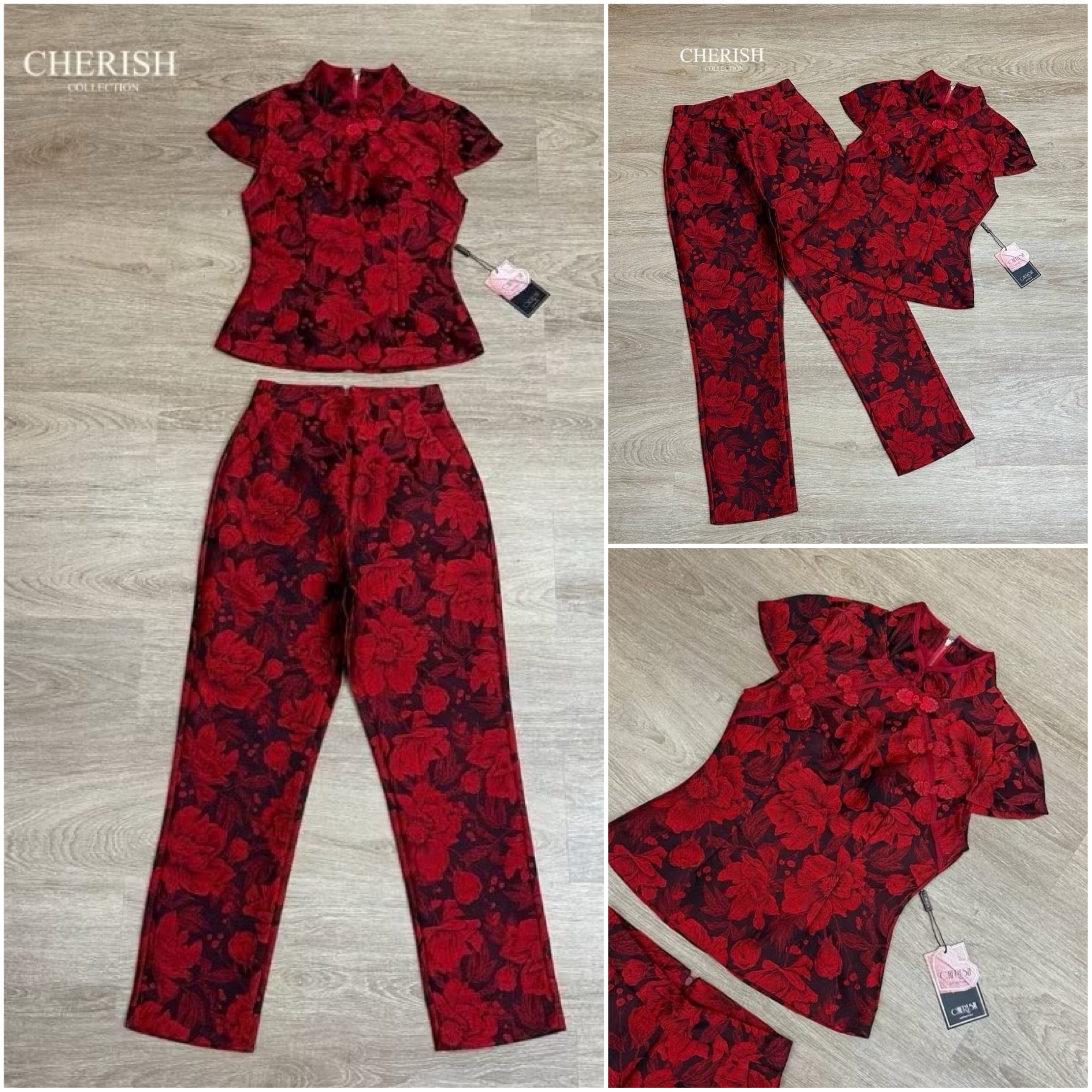 Set กี่เพ้าคู่ใจไม่พ้นแดงไหนต้องแดงนี้ ตัวเสื้อ เข้ารูป คอจีนผ้าทอลายเกรดพรีเมี่ยมลายดอก ดูมีมิติ มาพร้อมกางเกงขายาว ใส่สบาย : สินค้าคุณภาพ (พร้อมส่ง)