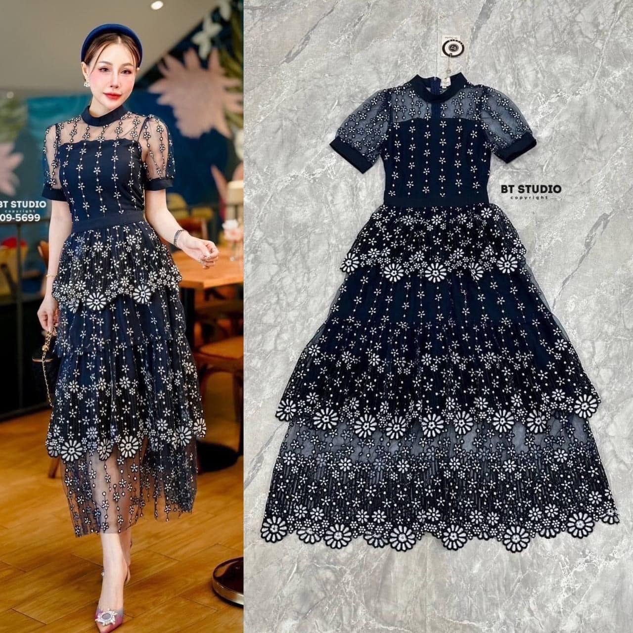 แม๊กซี้เดรสคอกลมงานปักลายดอกไม้สีดำสับดอกสีขาวแต่งระบายเป็นชั้นๆ ๆ แต่งซับในใส่สบาย สินค้าคุณภาพ (พร้อมส่ง)