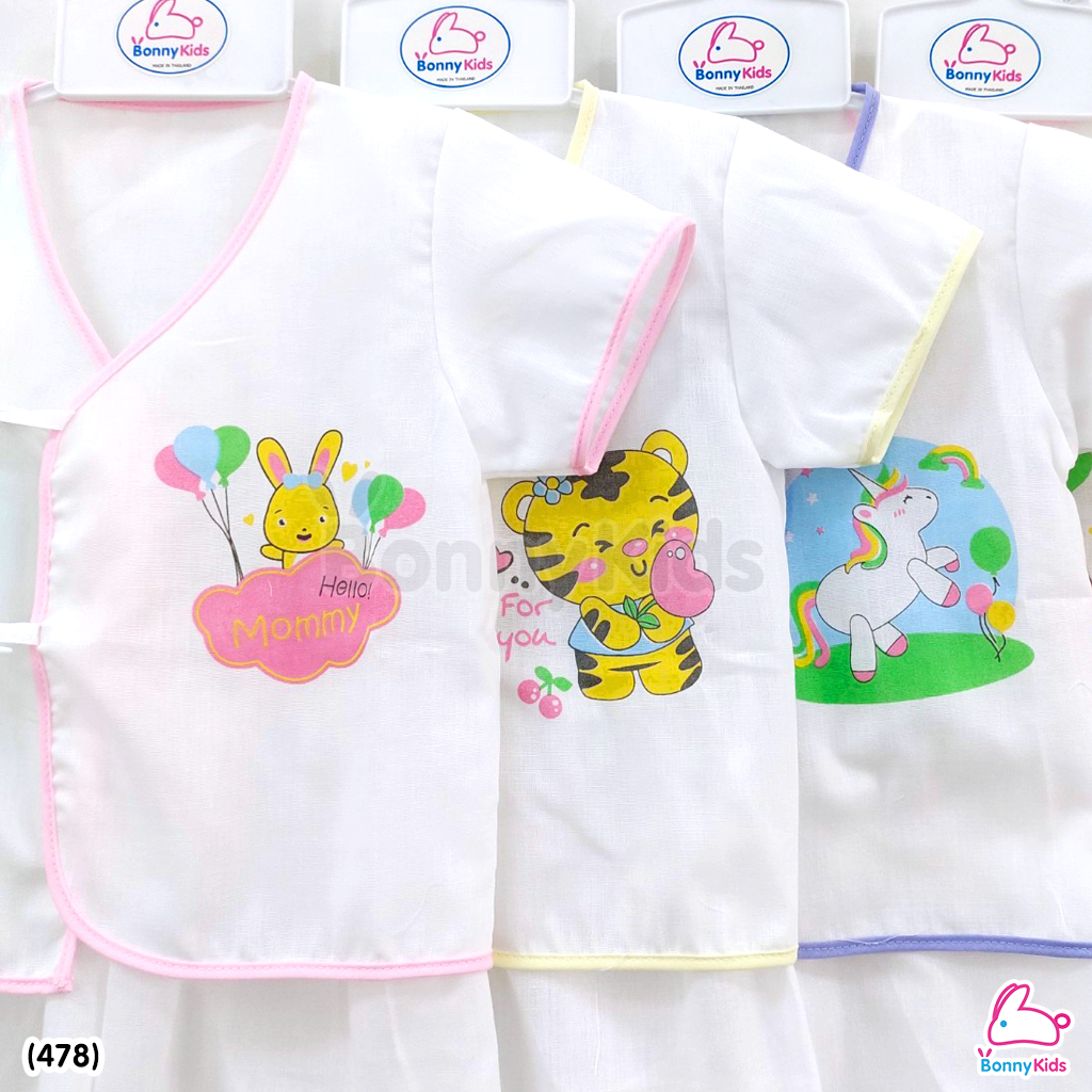 (478) ชุดเด็กแรกเกิดผูกหน้าผ้าป่าน (พื้นขาว) แพ็ค 6 ชุด
