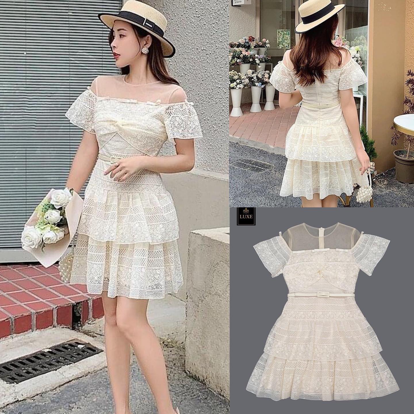 เดรสเสื้อคอกลมแขนสั้น กระโปรงบานทรงเอ ต่อชายระบาย2ชั้น คัตติ้งประณีต สินค้าคุณภาพ (พร้อมส่ง)