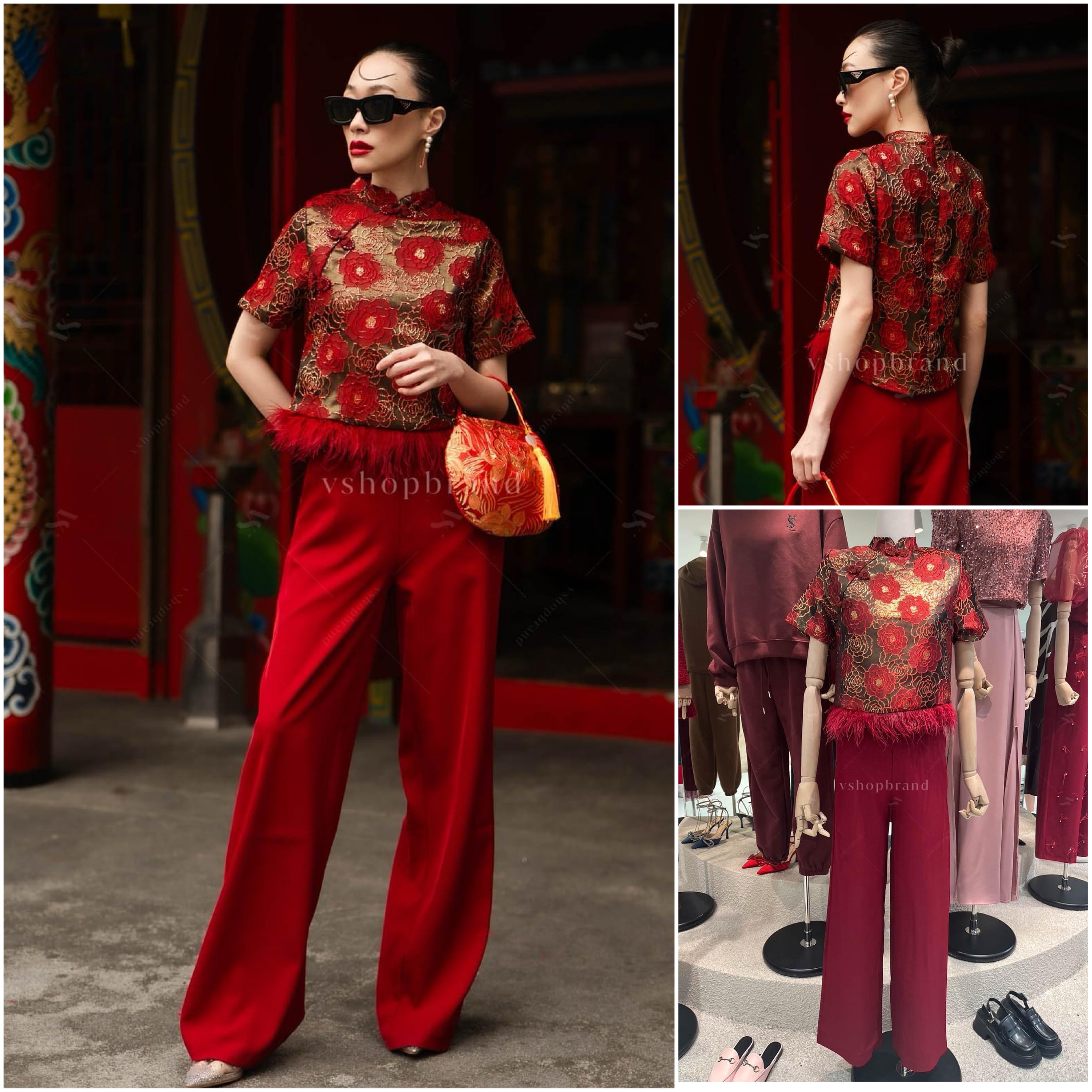 Set กี่เพ้า เสื้อแขนสั้นลายดอกชายขนนก + กางเกงขายาวผ้าพื้น สินค้าคุณภาพ (พร้อมส่ง)