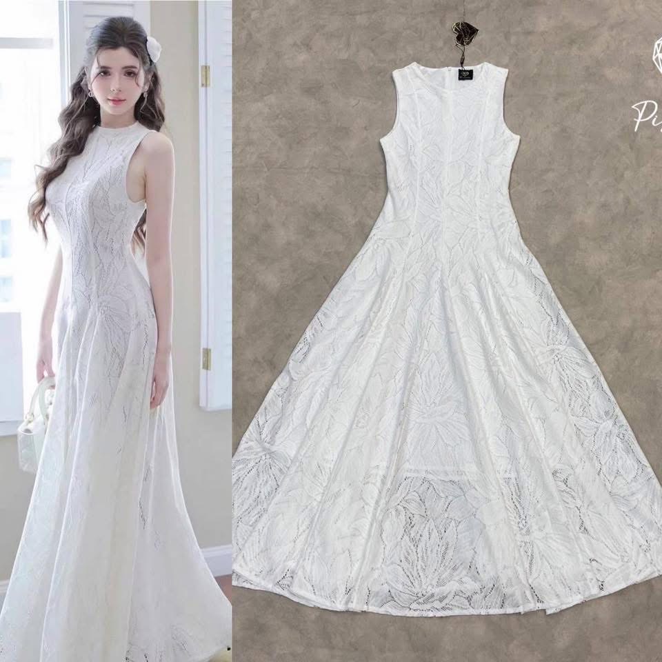 เดรสแขนกุดลูกไม้ตัวยาวเรียบ หรู ดูแพง ใส่สบาย : สินค้าคุณภาพ (พร้อมส่ง)