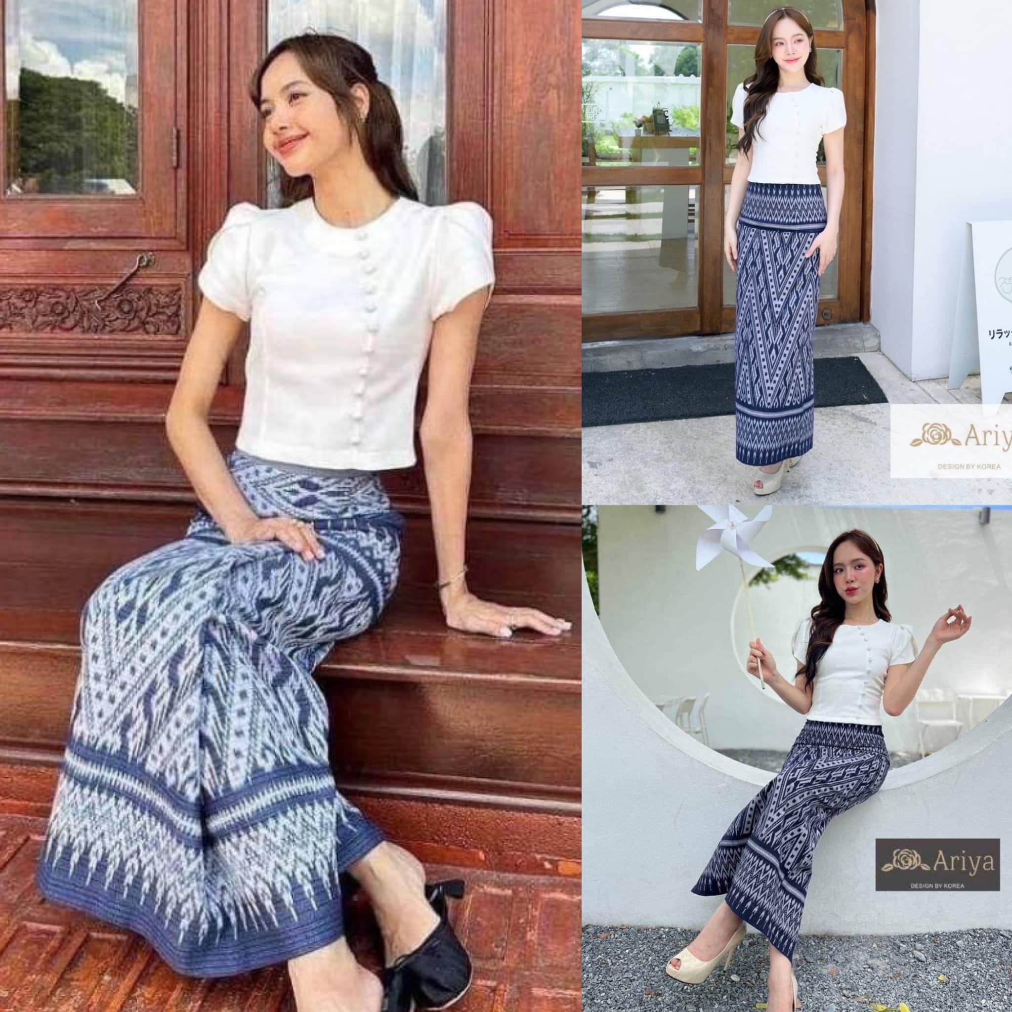 เซตผ้าไทย #ลิซ่า เซตผ้าไทยลิซ่า s m l xl xxl เสื้อสีขาว มาพร้อมกระดุมหน้า ซิปหลังเสื้อเข้ารูป +ผ้าถุงสีกรม ทรงยาวผ่าหลัง สินค้าคุณภาพ (พร้อมส่ง)