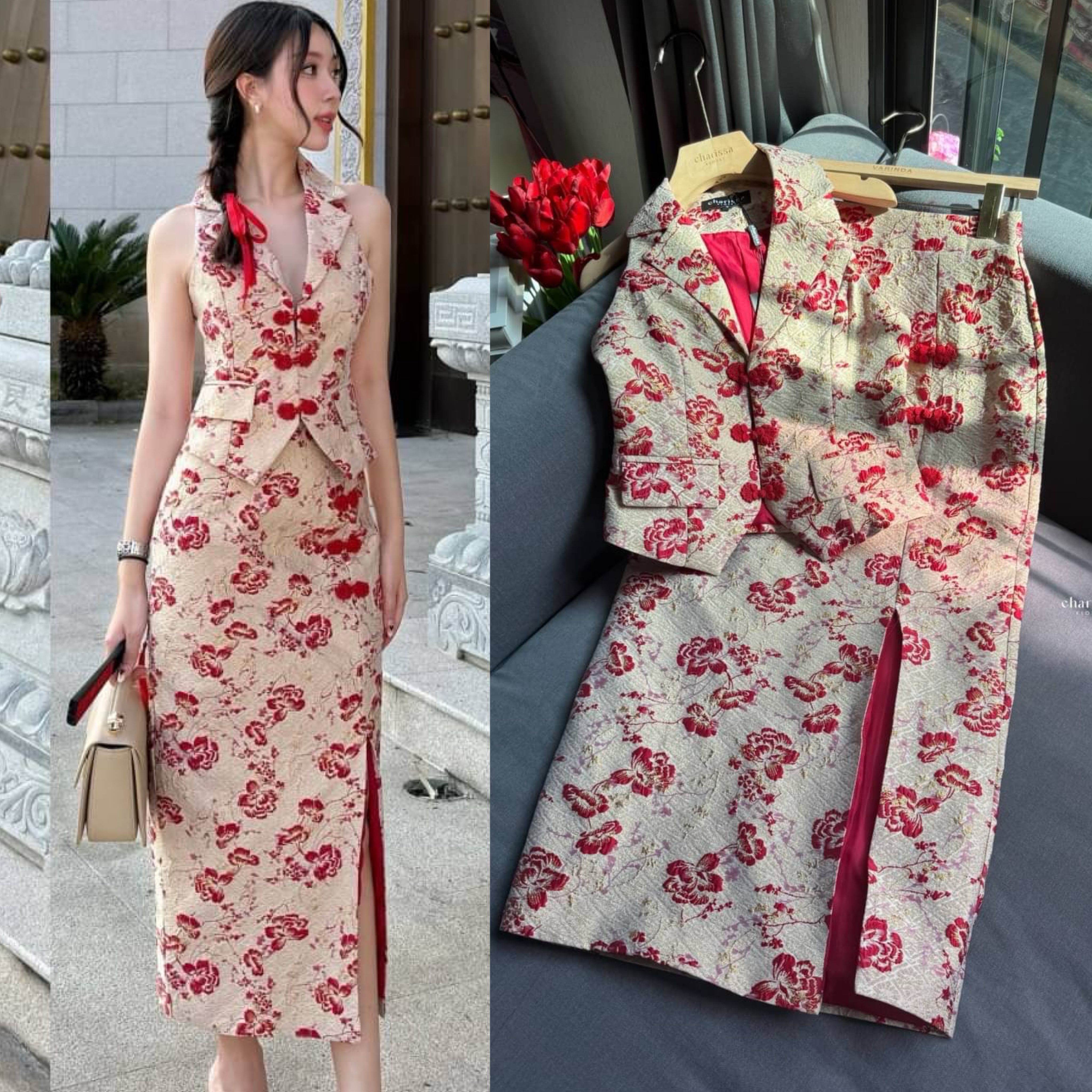 เซ็ทเสื้อแขนกุดคอปกสูท ผ้าพิมพ์ ลายนูนดอกไม้สีแดงซับในทั้งชุดแต่งกระดุมจริง มาพร้อมกับกระโปรงยาวผ่าหน้า ใส่สบาย : สินค้าคุณภาพ (พร้อมส่ง)