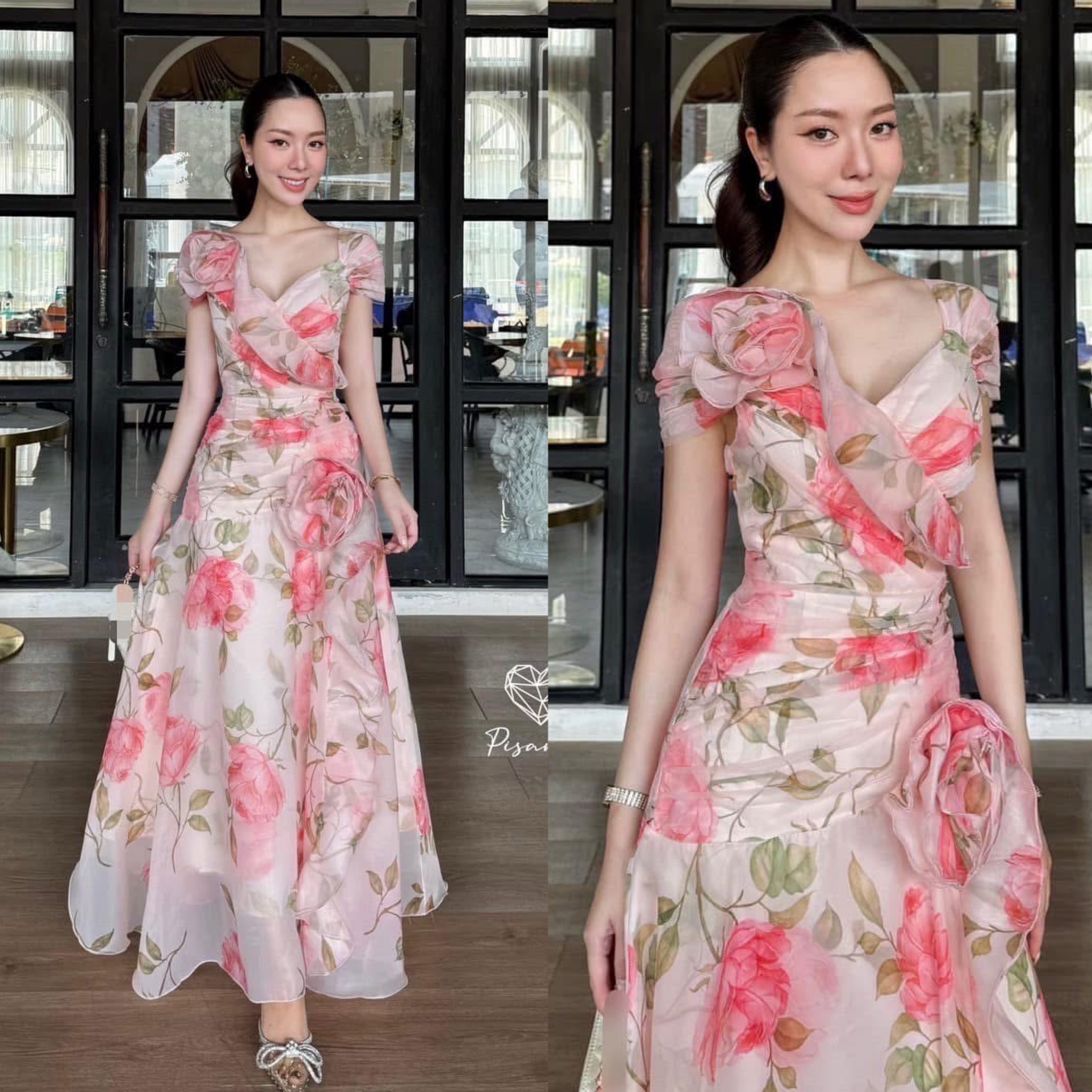 เดรสปาดไหล่พิมพ์ลายกราฟฟิกดอกกุหลาบสีชมพู แต่งดอก3D ช่วงอกและเอว มาพร้อมซับในให้อย่างดี ใส่สบาย : สินค้าคุณภาพ (พร้อมส่ง)