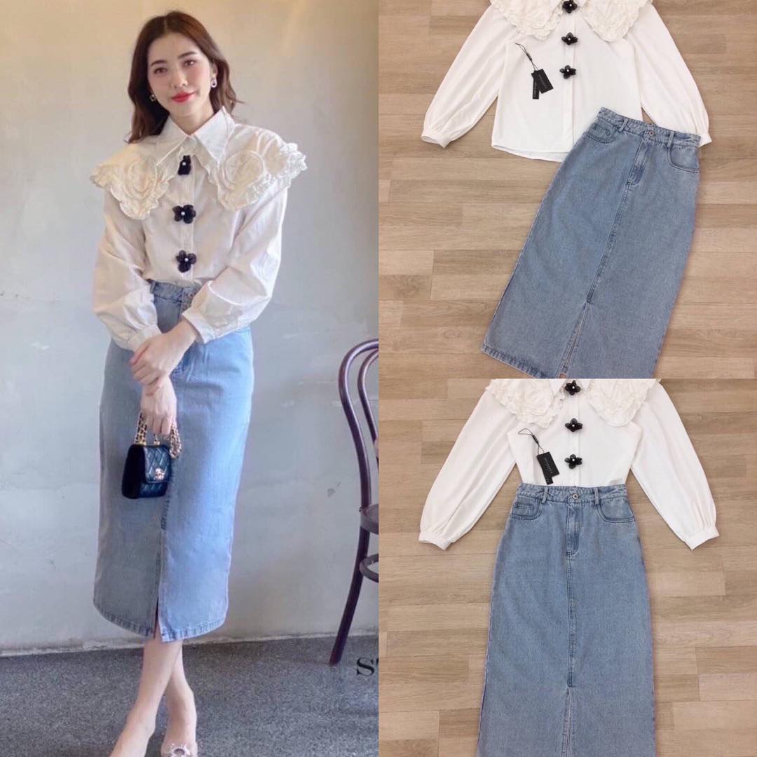 เซตเสื้อเชิ้ตคอปกเเขนยาว แต่งริ้วระบาย กระดุมดอกไม้หน้า มาพร้อมกระโปรงยีนส์เข้าชุดใส่สวยมาก : สินค้าคุณภาพ (พร้อมส่ง)