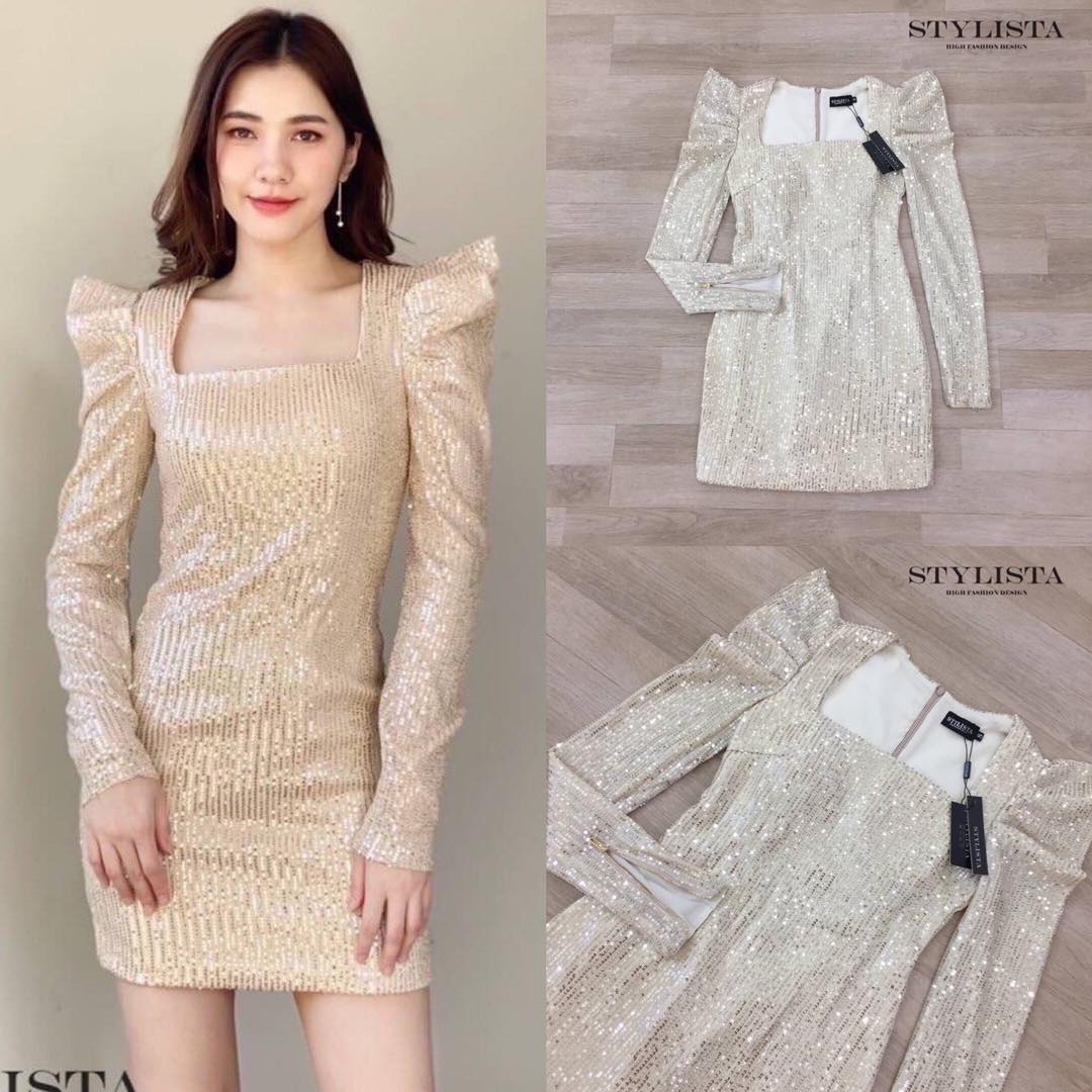 เดรสเเขนยาว ทรงพอดีตัวเเต่งกลิตเตอร์ ทั้งตัว แขนมีซิป ใส่ได้สบาย สินค้าคุณภาพ (พร้อมส่ง)
