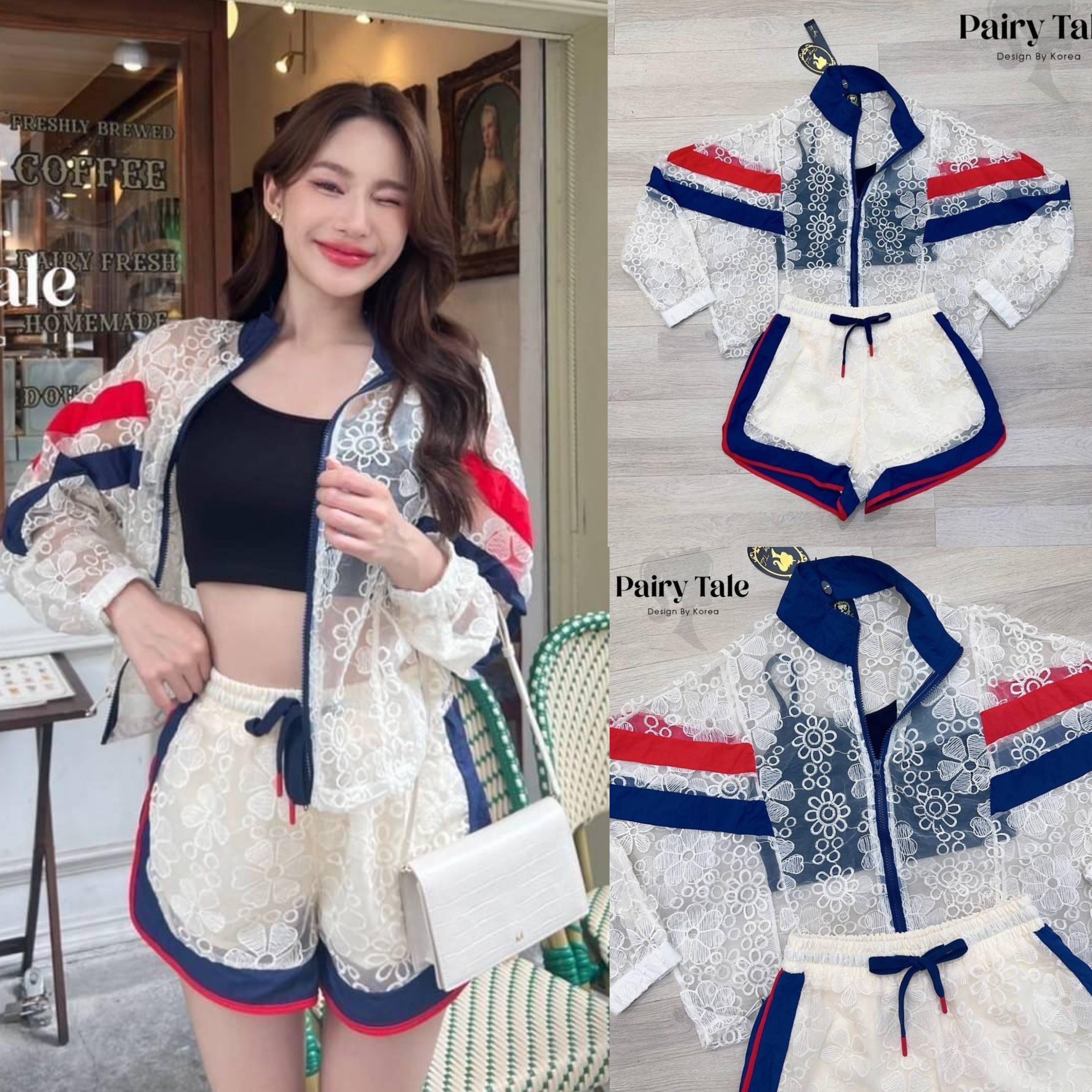 Set แจ็กเก็ตแขนยาวใช้ผ้าลูกไม้สีครีมแต่งแถบกรมแดง สายเดี่ยวสีดำตัวในแมตให้ด้วย แมตกางเกงเอวจั้มขาสั้น งานสวยมากก สินค้าคุณภาพ (พร้อมส่ง)