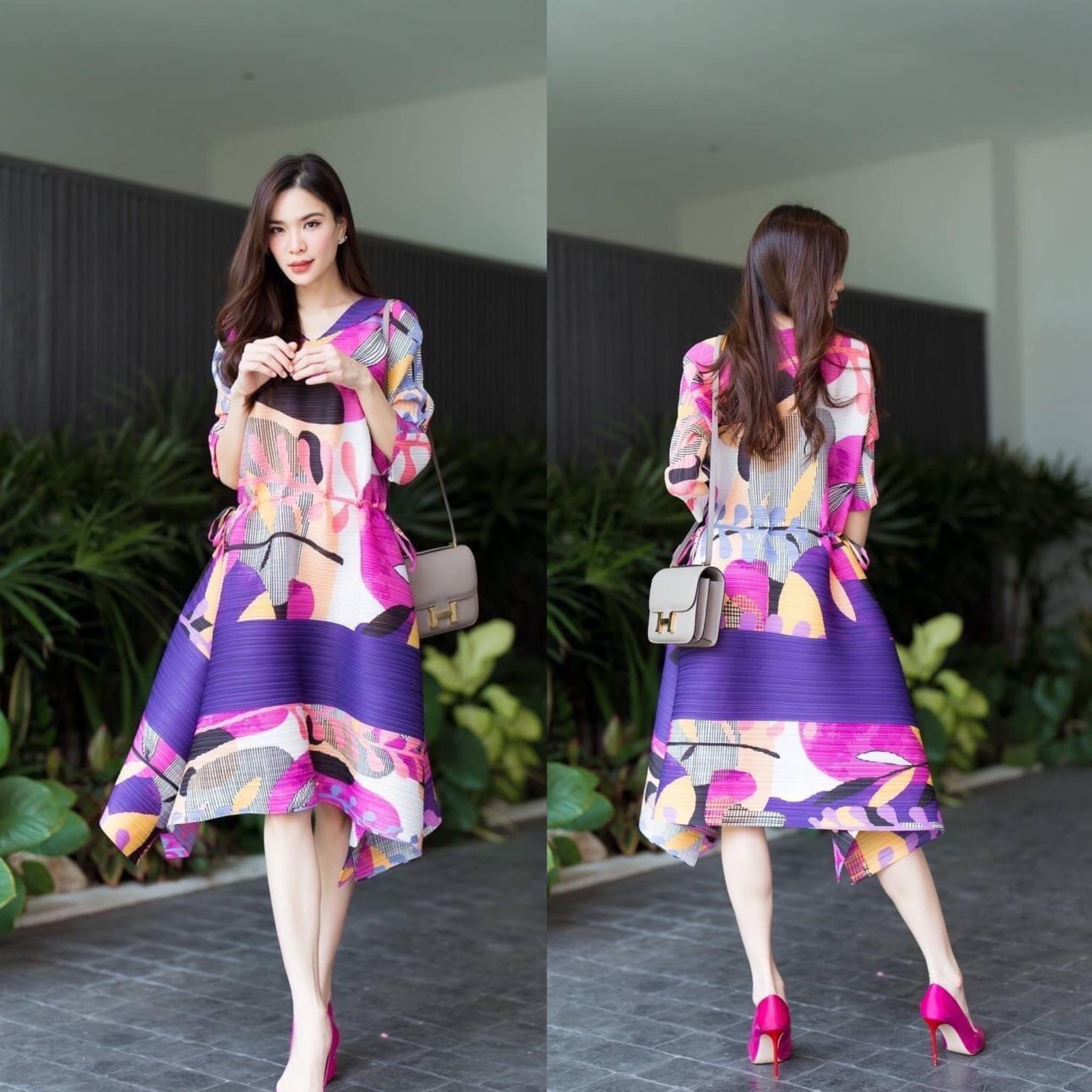 เดรสแขน 4 ส่วน🎗ทรงคอวี จับรูดช่วงเอว เกร๋กรุบ ชายกระโปรงเฉลียงปลาย สวยพริ้ว รุ่นนี้ งานเกรด AA Premium 👍🏼 สินค้าคุณภาพ (พร้อมส่ง)