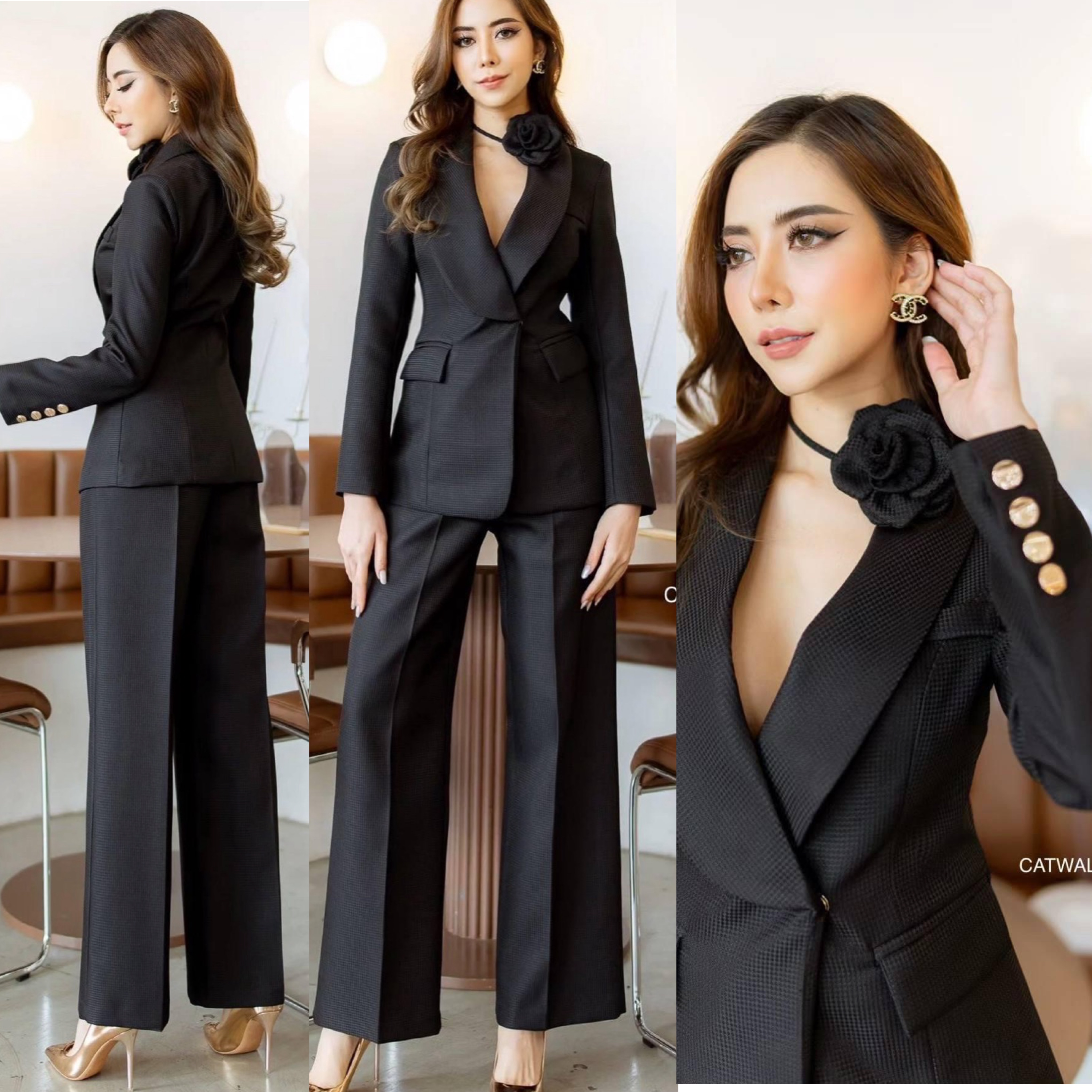 เซตBLAZER ปกกล้วย+กางเกงขายาว + เข็มกลัดดอกไม้ เนื้อผ้าเกรดเอ เป็นผ้าทอมีลายในตัว สินค้าคุณภาพ (พร้อมส่ง)